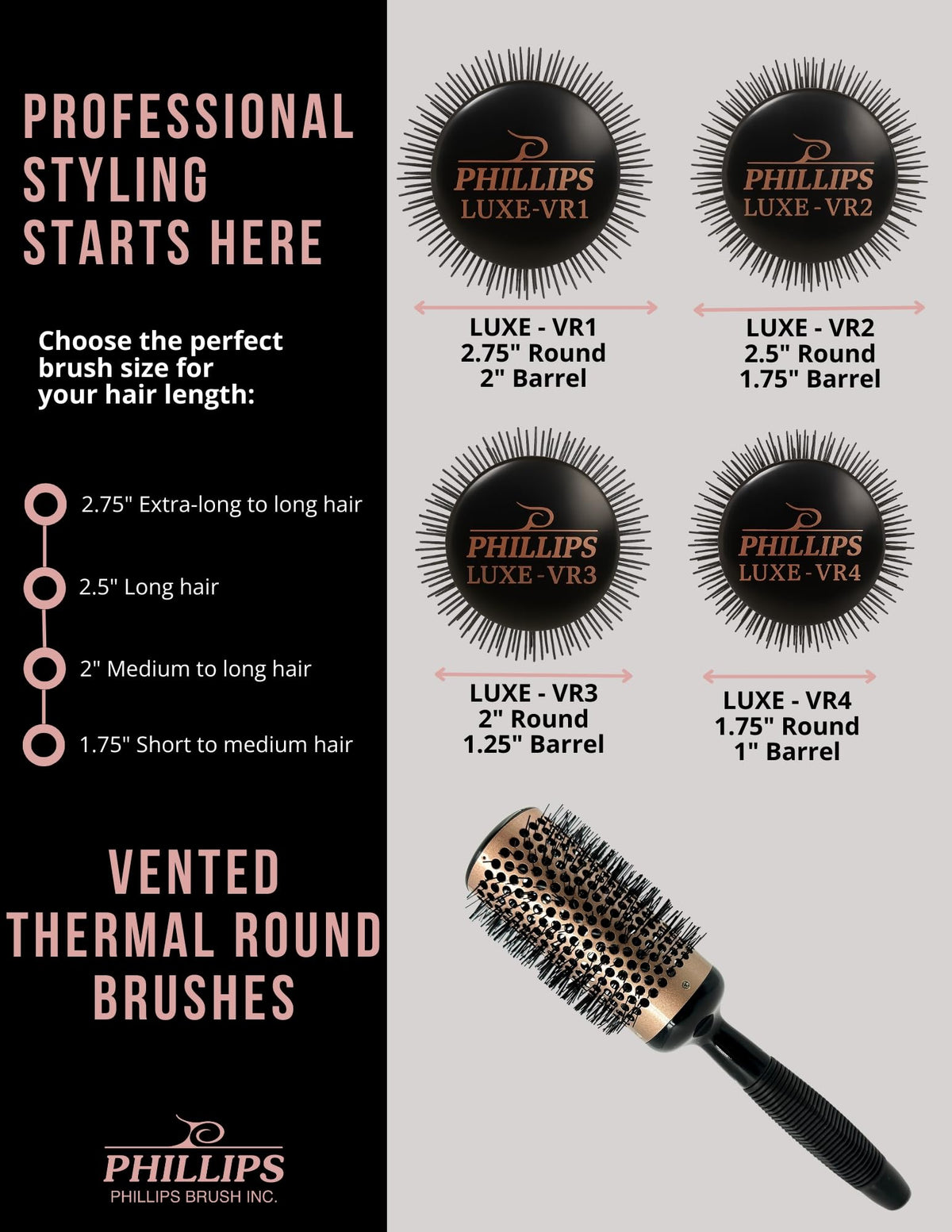 Phillips Brush-Cepillo redondo térmico ventilado de lujo de 2,5 pulgadas de diámetro con núcleo de aluminio que retiene el calor, elegante combinación de colores cobre y negro
