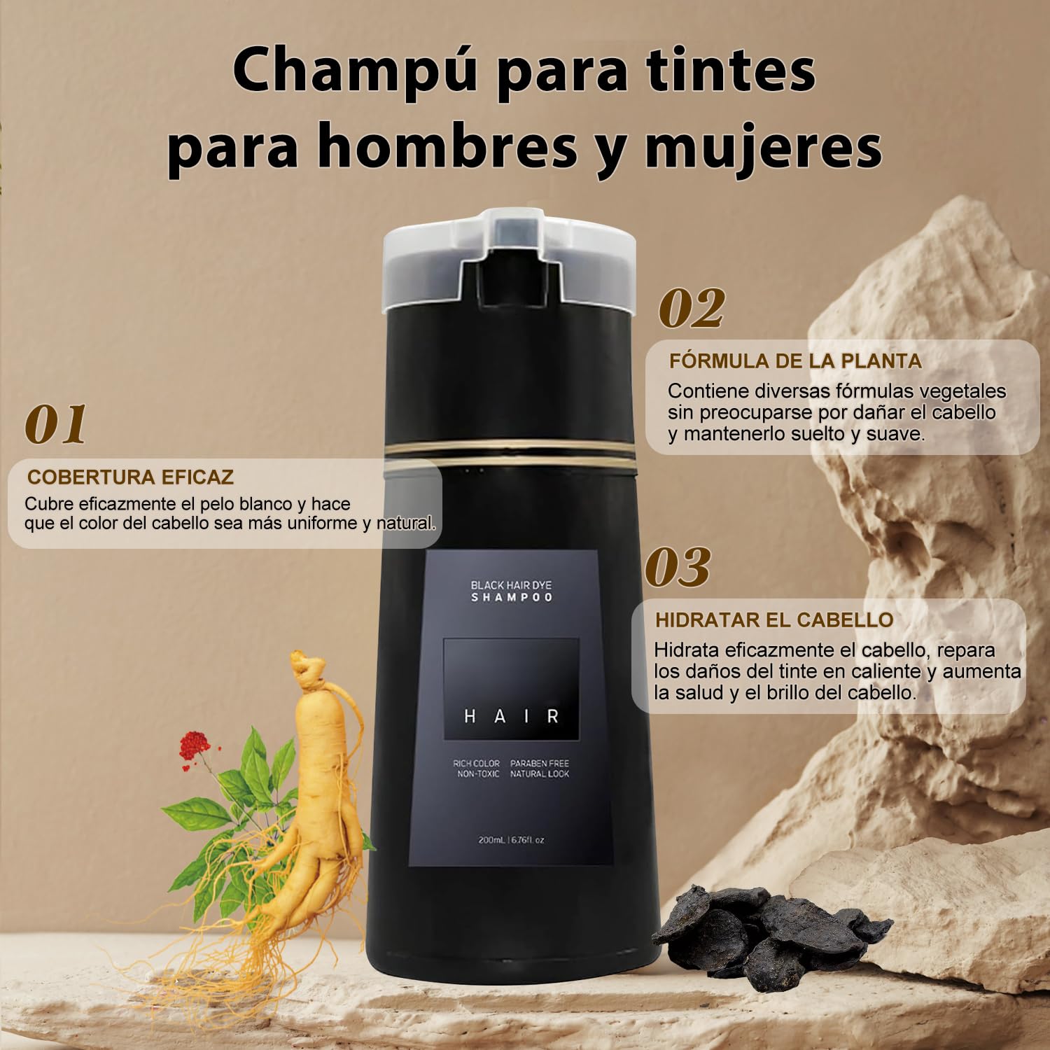 Hair Dye Shampoo, 3 in 1 Instant Hair Dye Shampoo, Color Shampoo Hair Dye for Hair Coverage, Champú colorante natural para cubrir canas, for All Hair Types,200ml (Marron oscuro)