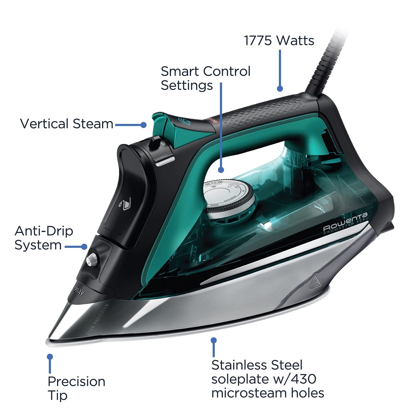 Rowenta Plancha de vapor Pro Master Xcel Steam Iron. Capacidad de 310 ml, resultados profesionales en casa, diseño ergonómico. Verde, plata y negro, DW8360U1