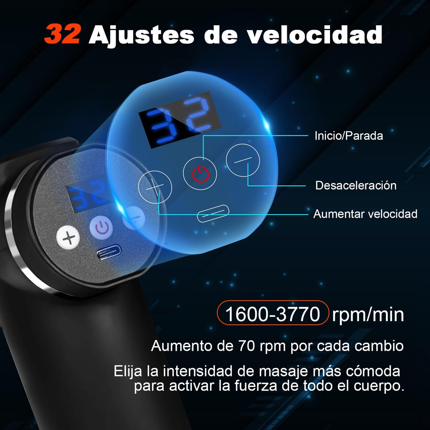 BJLBOJEY Pistola de masaje muscular, masajeador eléctrico mano con 12 cabezales masaje y 32 velocidades ajustables (Plata)