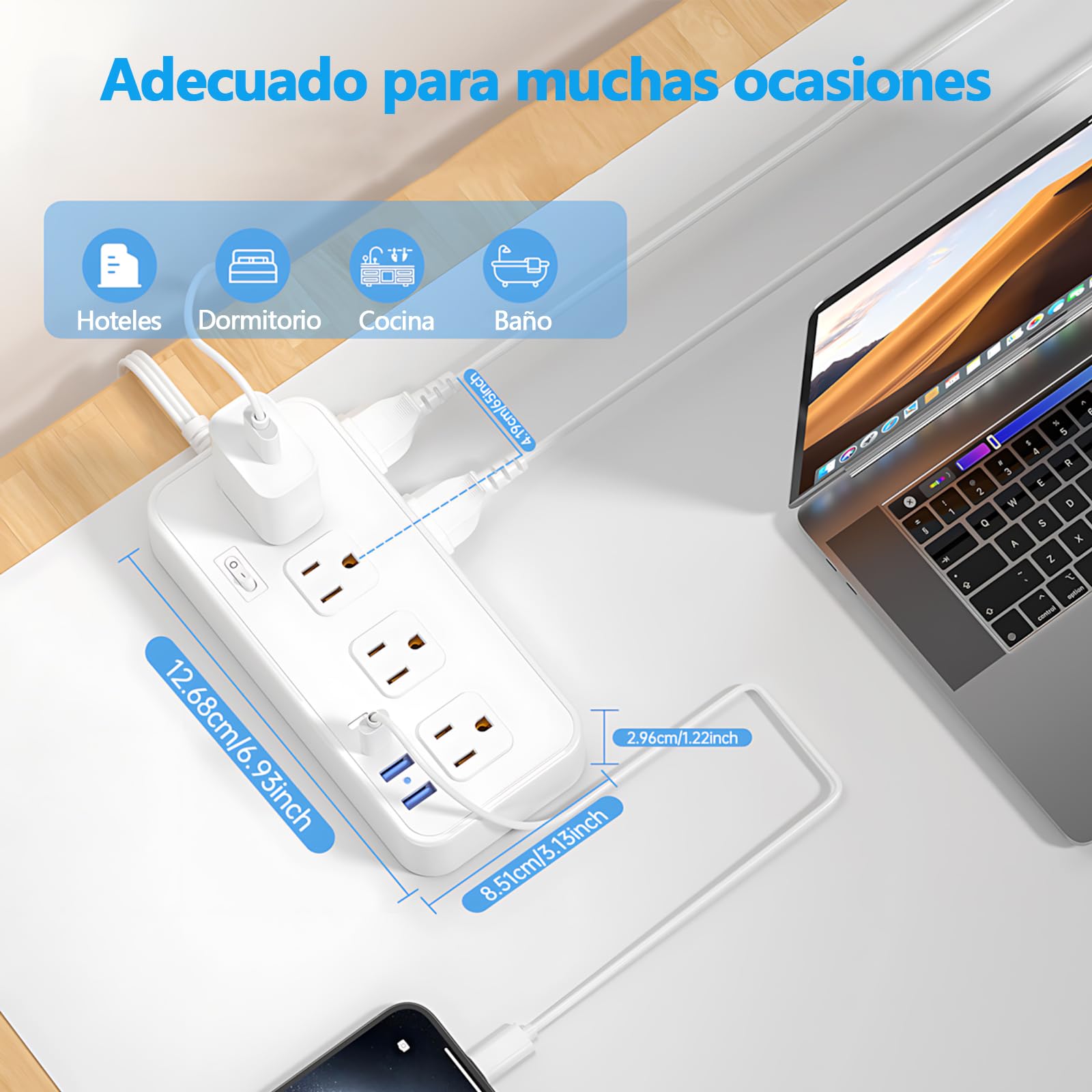 Multicontacto SSOUILI Multifunional Blanco con Protector de Sobretensión para Oficina en Casa