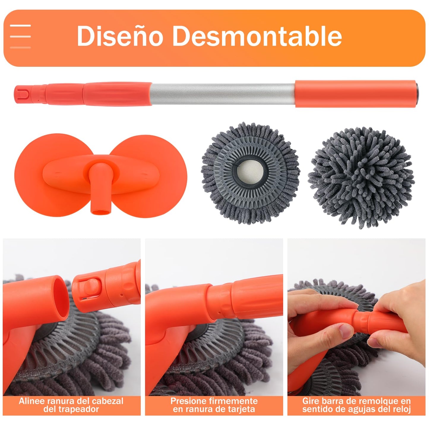 BYHANG Cepillo para Lavar Carros con Mango Largo, Juego de Cepillos para Limpieza de Coches, con 360° Cepillo Giratorio de Doble Cabezal, para Limpiar Coches, Neumáticos (Color Naranja)