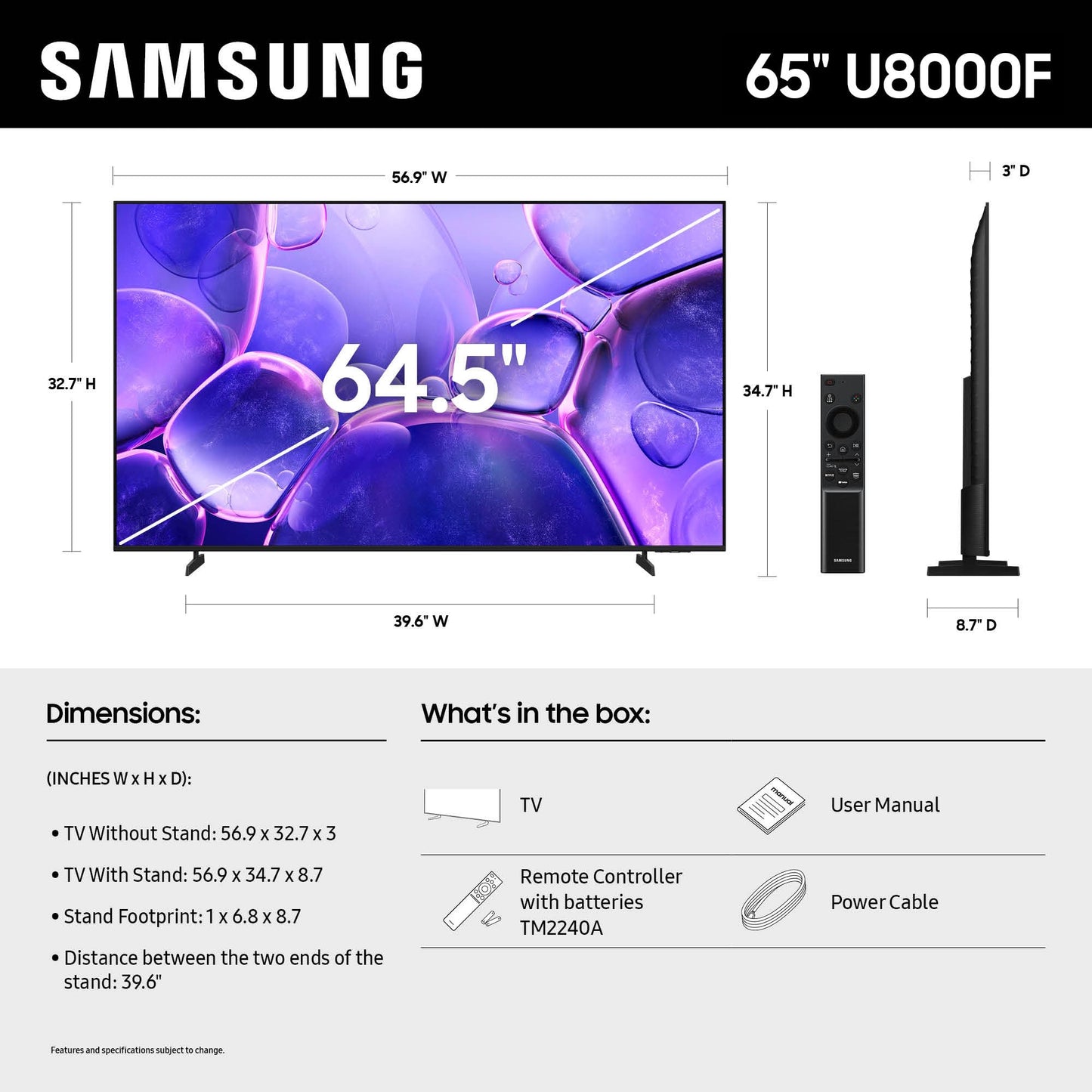 SAMSUNG U8000F LED 4K Smart TV de 65 Pulgadas, Color Negro