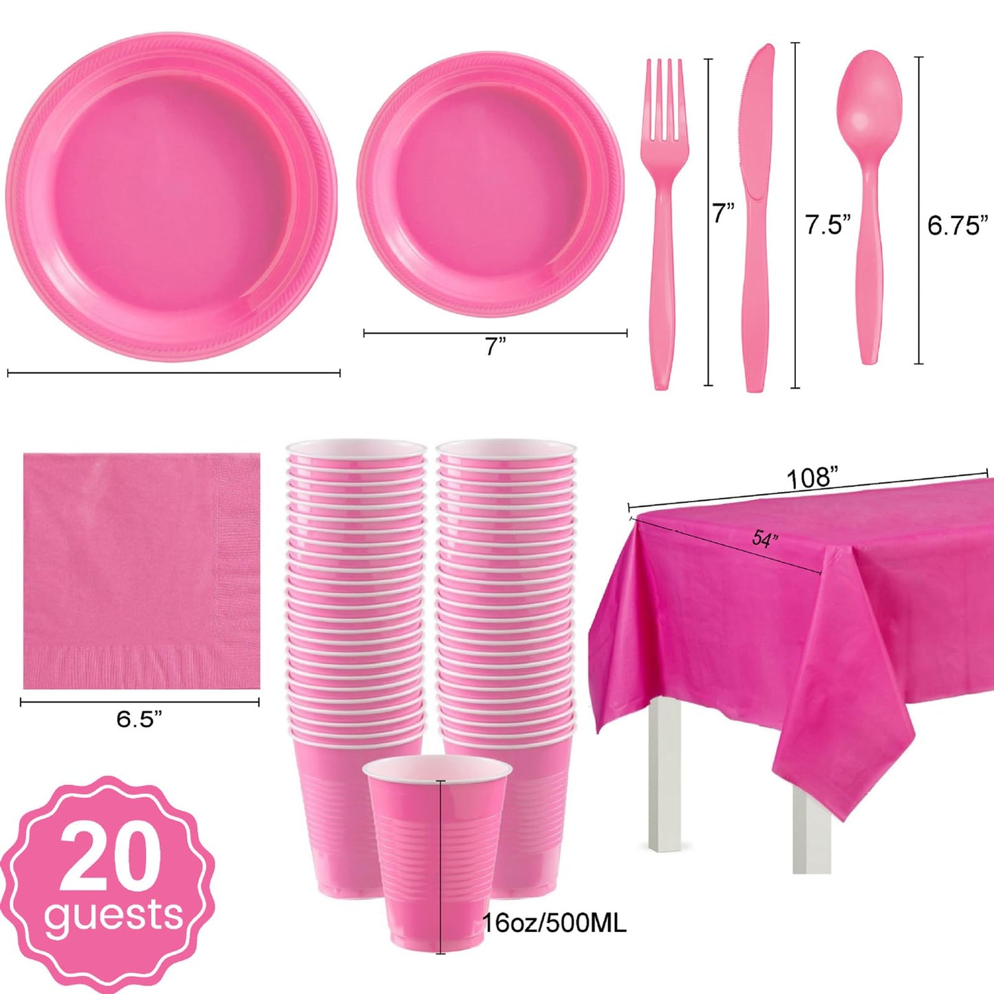 Juego de vajilla de fiesta, platos x 40, tazas x 20, servilletas x 20, cuchillos, tenedores y cucharas x 20, manteles 2 uds, Adecuado para bodas y fiestas de cumpleaños otras celebraciones (Rosa)
