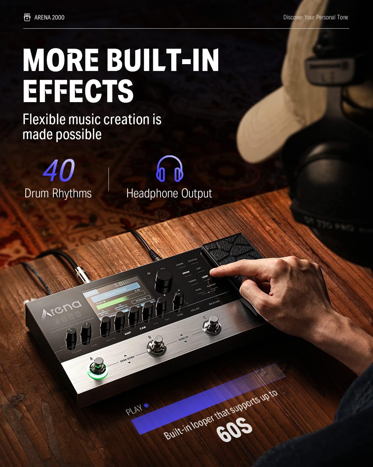 Donner Arena 2000 - Pedal multiefectos de guitarra con 278 efectos, 100 IRs, Looper, máquina de tambor, modelado de amplificador, soporte XLR y MIDI