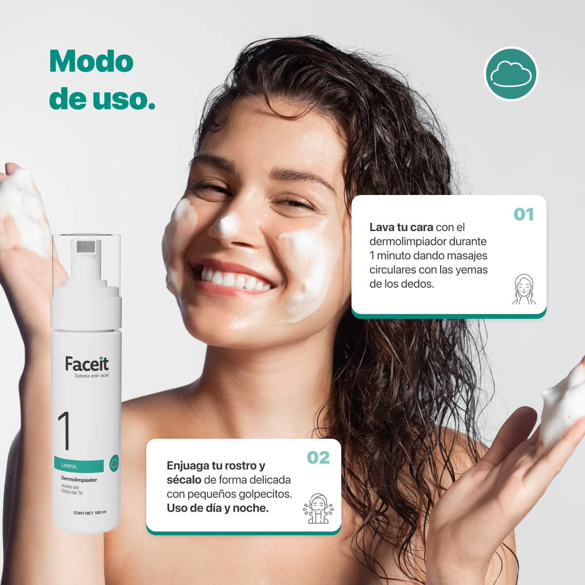 FACE.IT | Limpiador Facial en Espuma | Tratamiento Anti Acné con Aceite del Árbol de Té | Skin Care I Limpiador Facial Piel Grasa | Elimina la Grasa y Suciedad del Rostro | PASO 1 Limpia | 180 ml