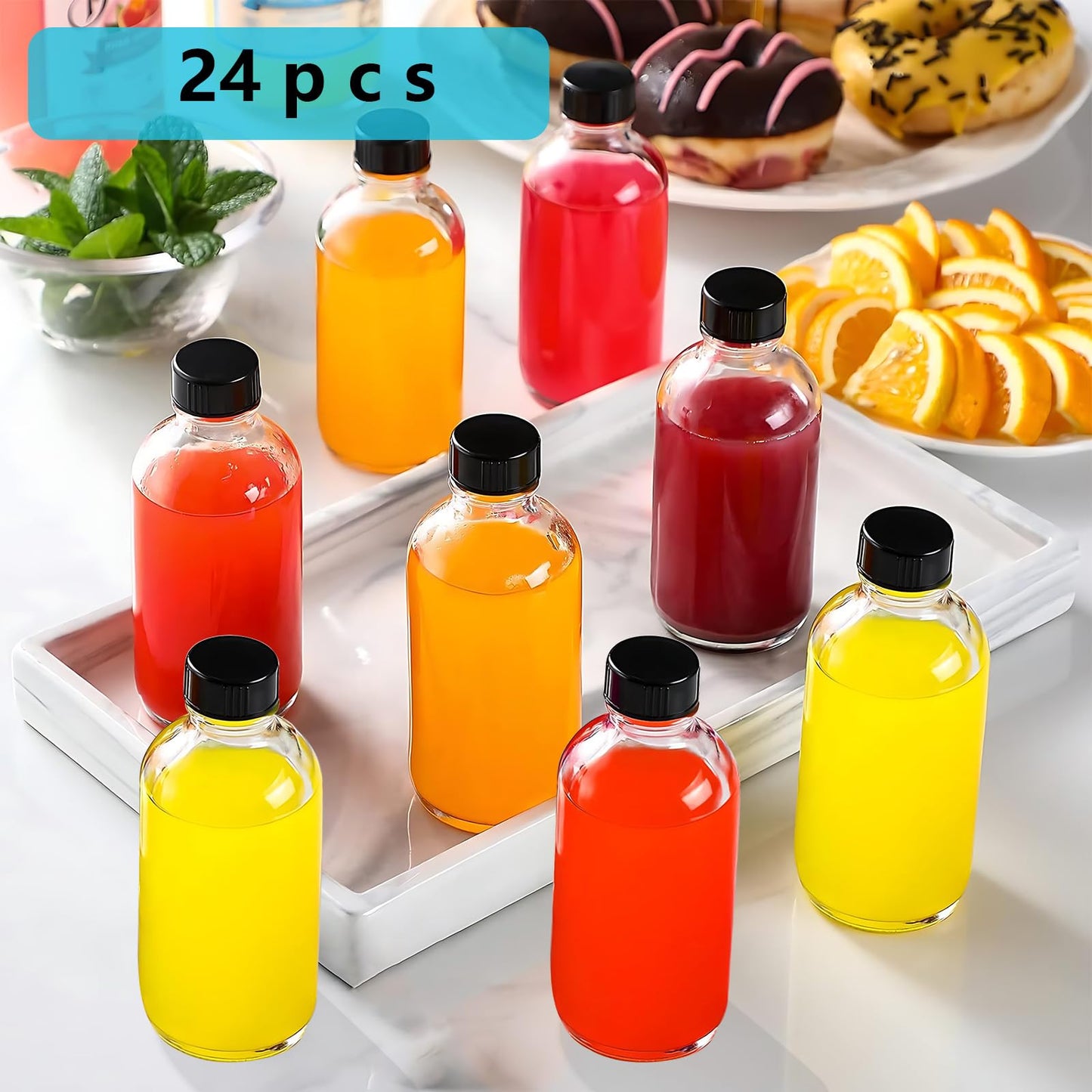 Botellas de vidrio redondas Boston, paquete de 24 botellas pequeñas de vidrio de 2 oz (60 ml) con tapas y embudos de acero inoxidable para jugo, aceite y whisky, de cocina, de viaje y reutilizables