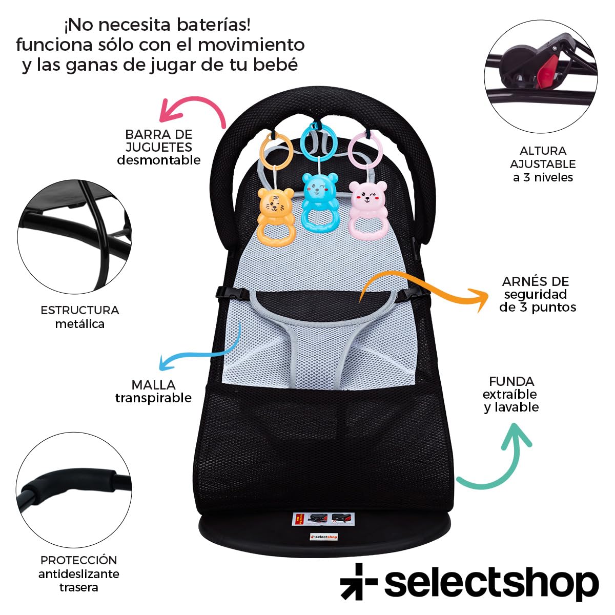 Silla Mecedora SELECTSHOP Negra Portátil de Lujo con Asiento Transpirable y Cómodo para Bebé