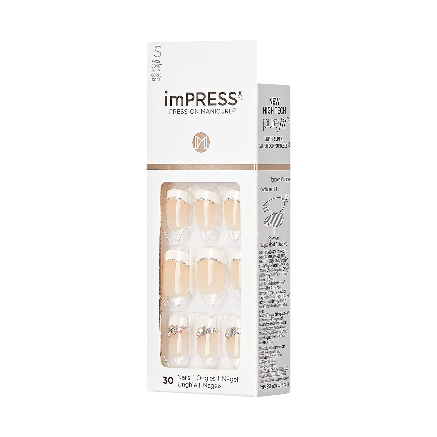 KISS imPRESS - Manicura a presión, cree, cuadrada de longitud corta, con tecnología PureFit, incluye almohadilla de preparación, mini lima, palo de cutícula y 30 uñas postizas