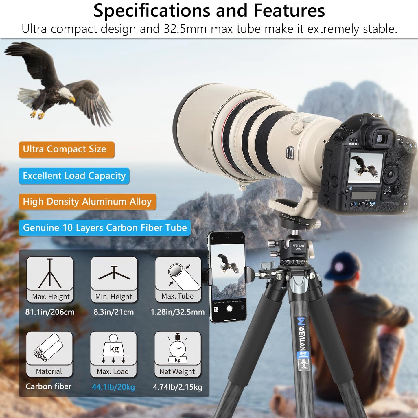 Trípode Profesional Weyllan Fibra de Carbono 81 Pulgadas Cabeza de Bola Bajo Perfil para Cámara Canon Nikon Sony