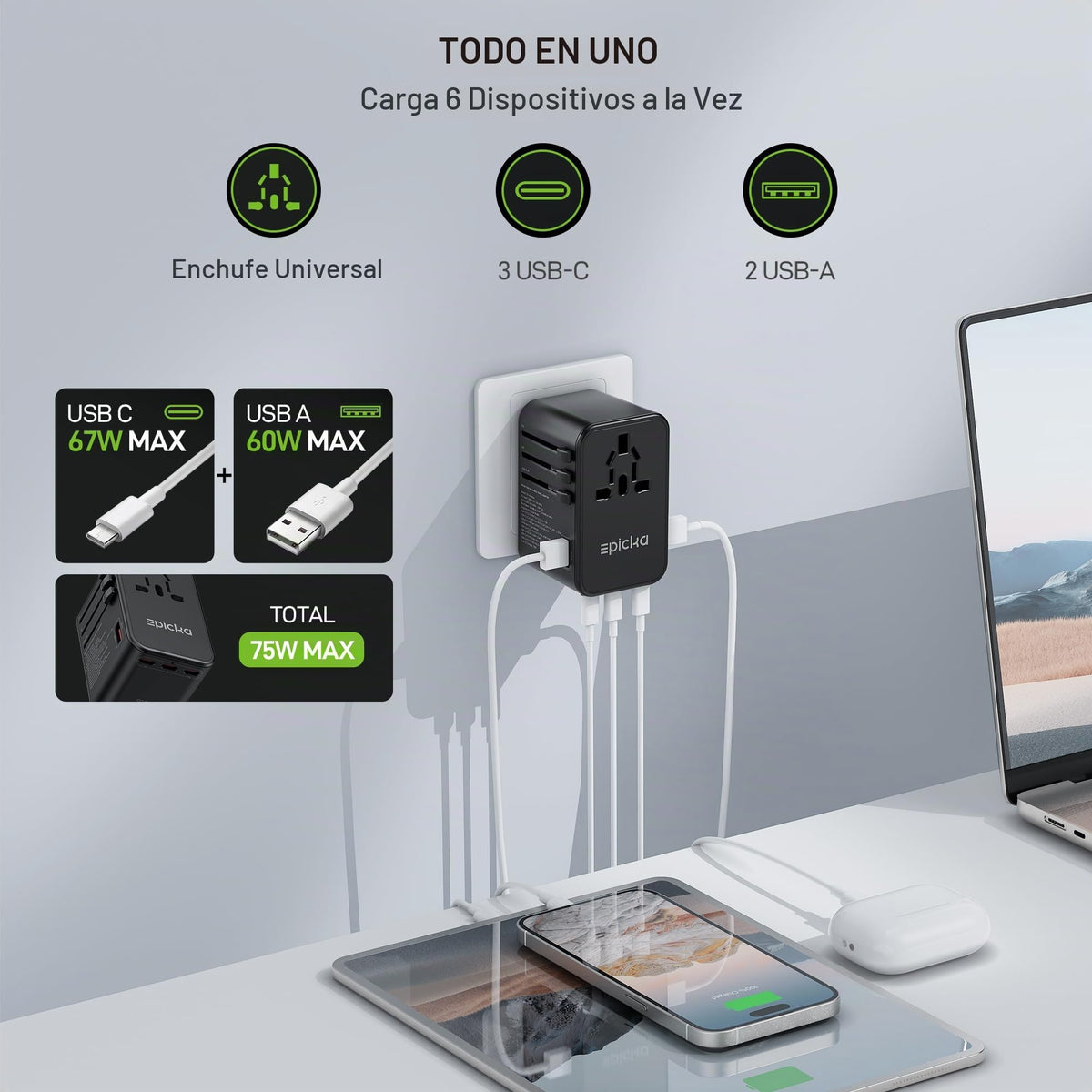 Adaptador de Viaje Universal EPICKA Negro con Carga Rápida 75W GaN y 3 Puertos USB-C