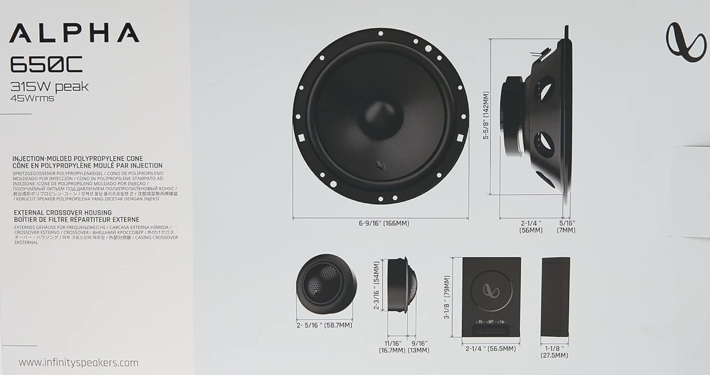 Infinity Alpha 650C - Altavoz de Coche de componentes bidireccionales de 6.5 Pulgadas, Potencia máxima de 315 vatios