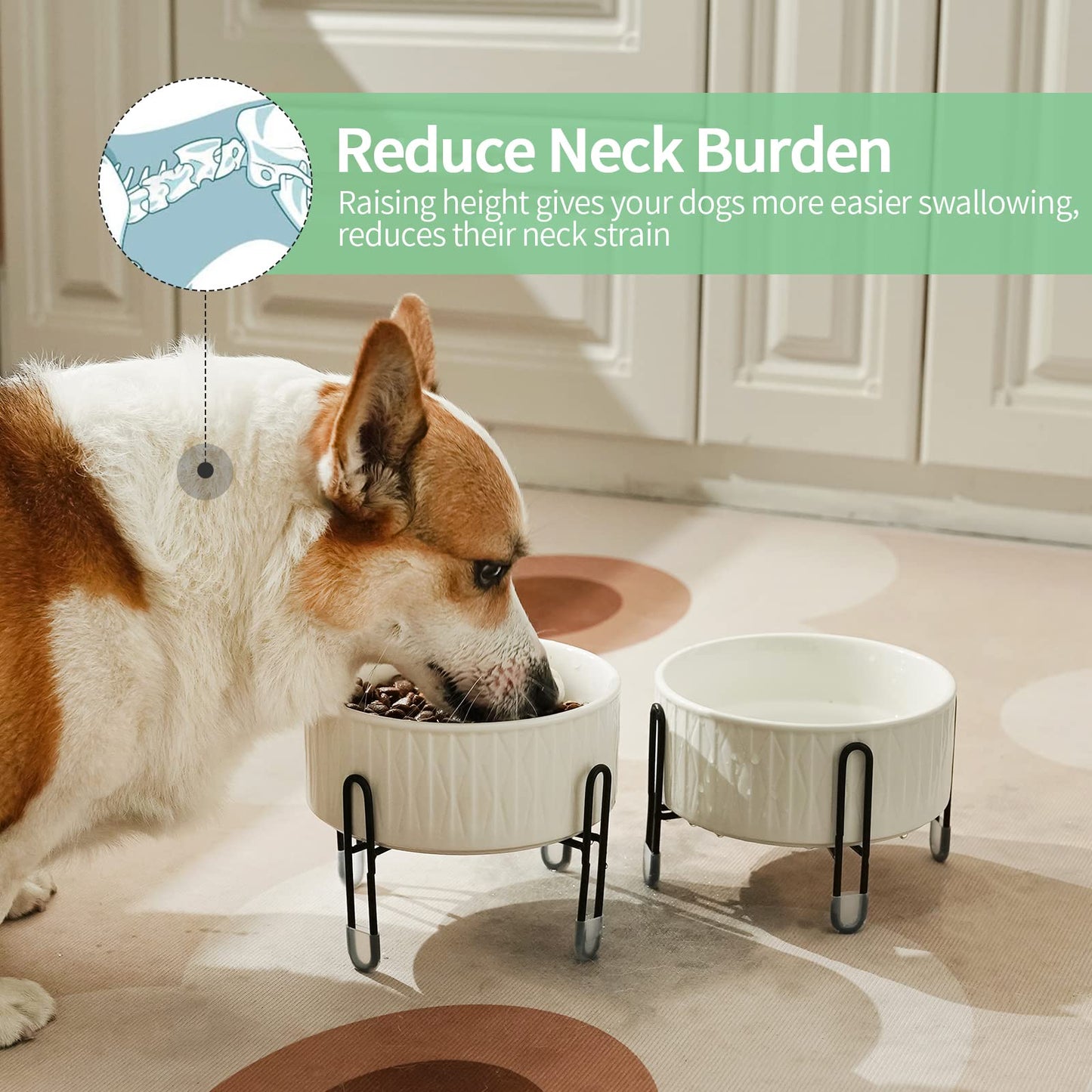 Cuencos de cerámica para perros y gatos de 32 onzas con soporte de metal elevado, tazón redondo de cerámica de 6.5 pulgadas para alimentos y alimentos para mascotas y perros, blanco, juego de 2