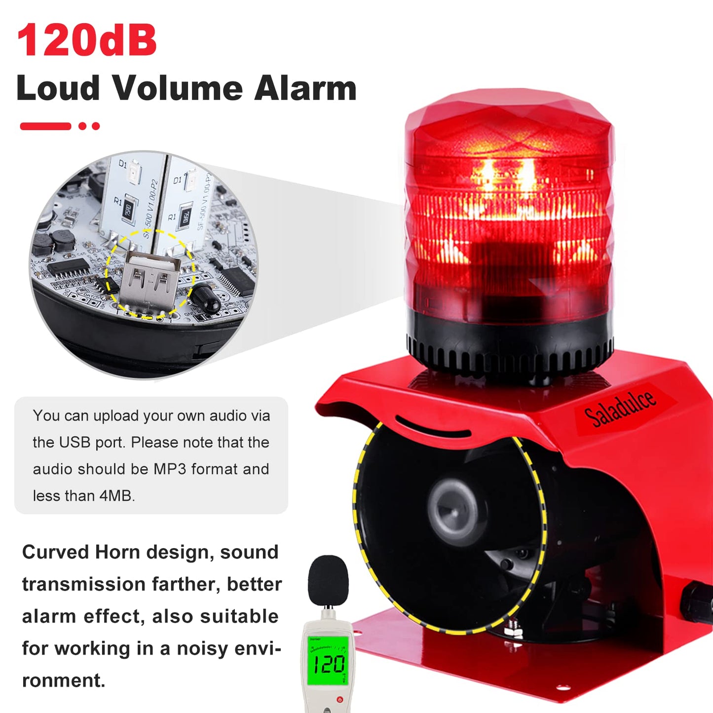 Alarma de Sirena Industrial Saladulce Roja 120 dB con Luz Estroboscópica para Exteriores IP65