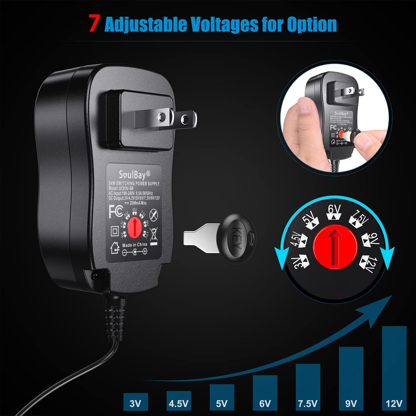 Adaptador AC/DC Universal SoulBay Negro Versión Mejorada Regulable Multi-Voltaje con 8 Conectores Seleccionables para Electrónica Doméstica de 3V a 12V 2 Amperios Máx.