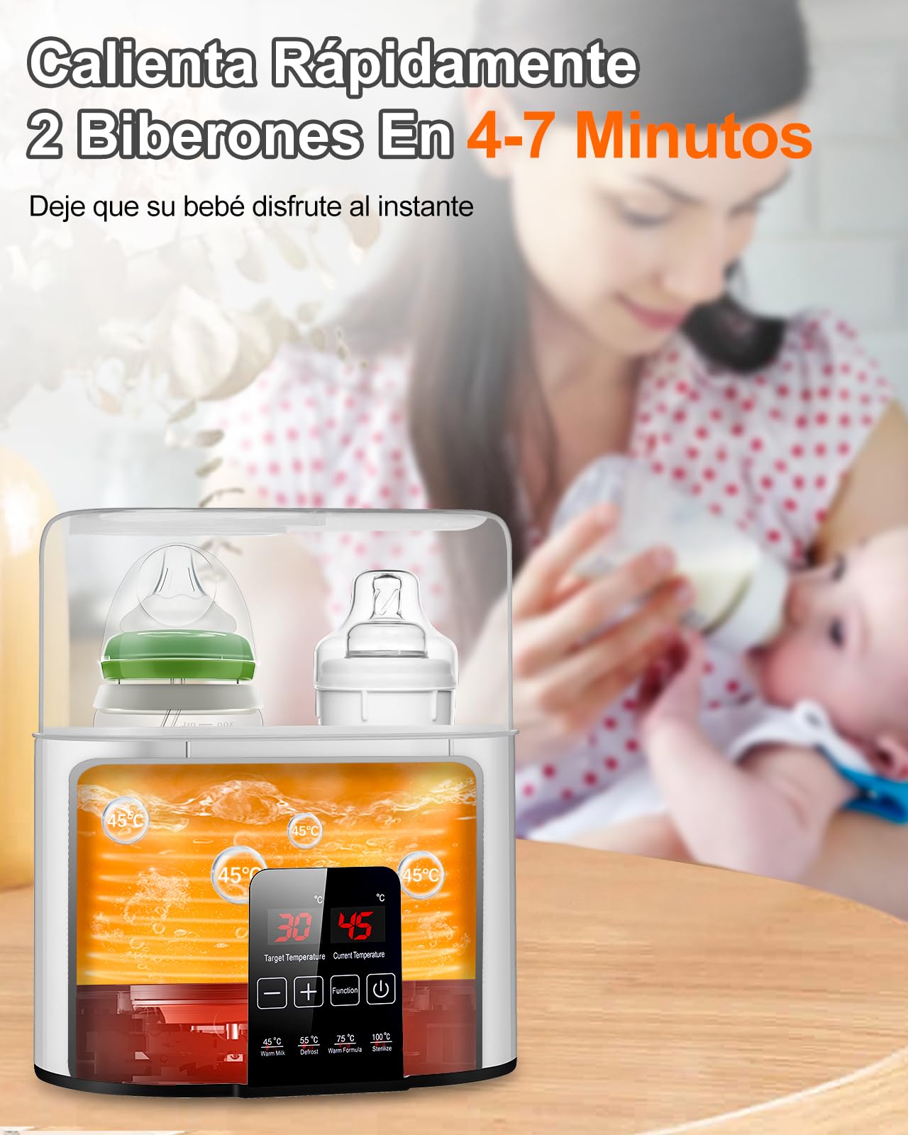 Calentador de Botellas, Calentador Rápido de Biberones para Leche Materna y Fórmula, Se Adapta a 2 Botellas, Control Preciso de Temperatura, Calentador de Leche con Descongelación, Esterilización, Mantenimiento del Calor, Calentador de Alimento de Bebé