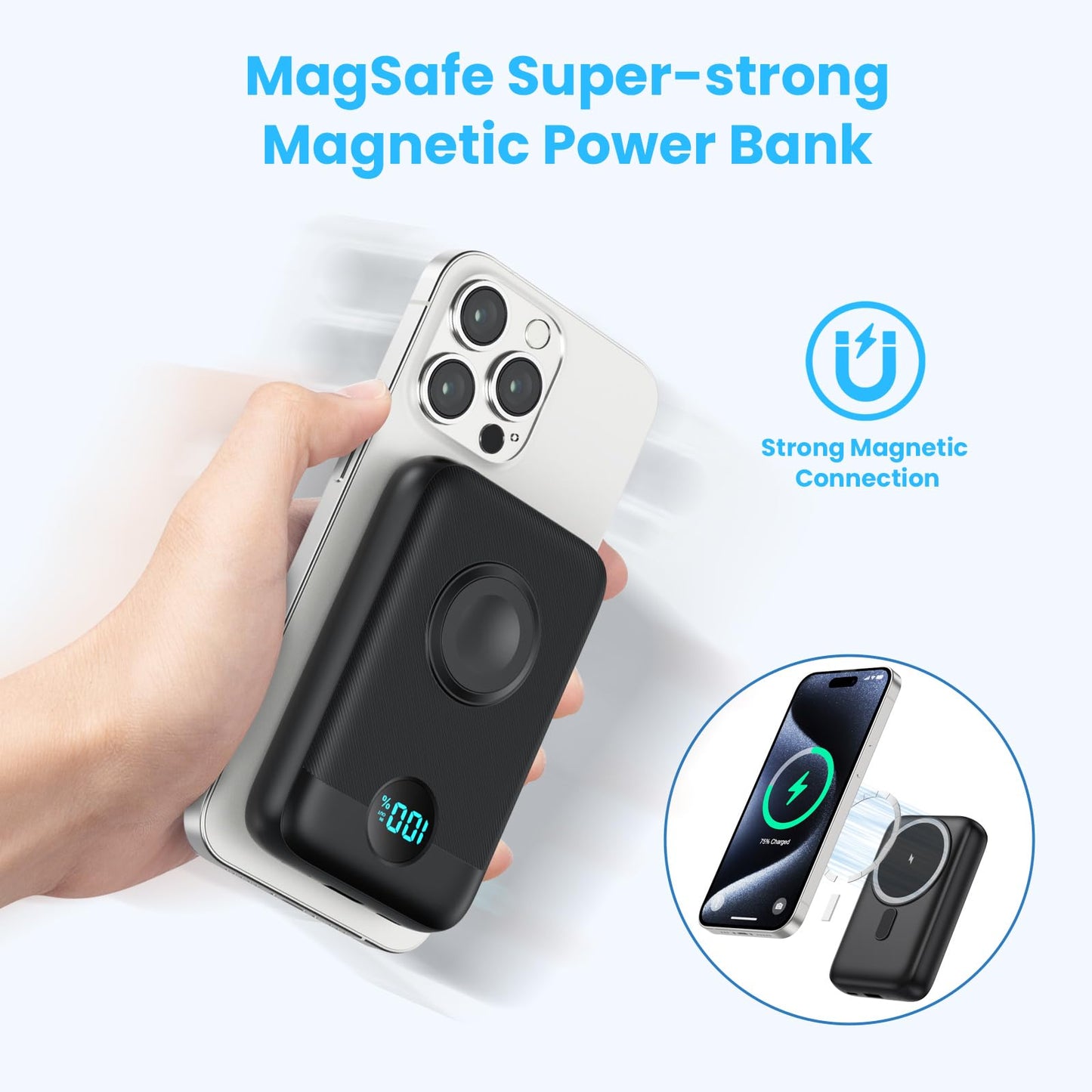 Magnético Portátil Cargador 10800mAh, 4-in-1 inalámbrico Power Bank con iWatch Cargador, QC4.0+20W PD Carga Rápida USB C Batería con Pantalla LCD para Magsafe, iPhone 15/14/13/12,Apple Watch (Negro)