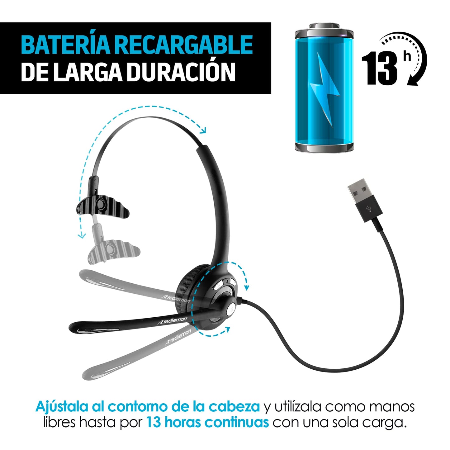 Diadema con Micrófono Bluetooth Redlemon Negra Recargable de Larga Duración para Gaming y Videoconferencias
