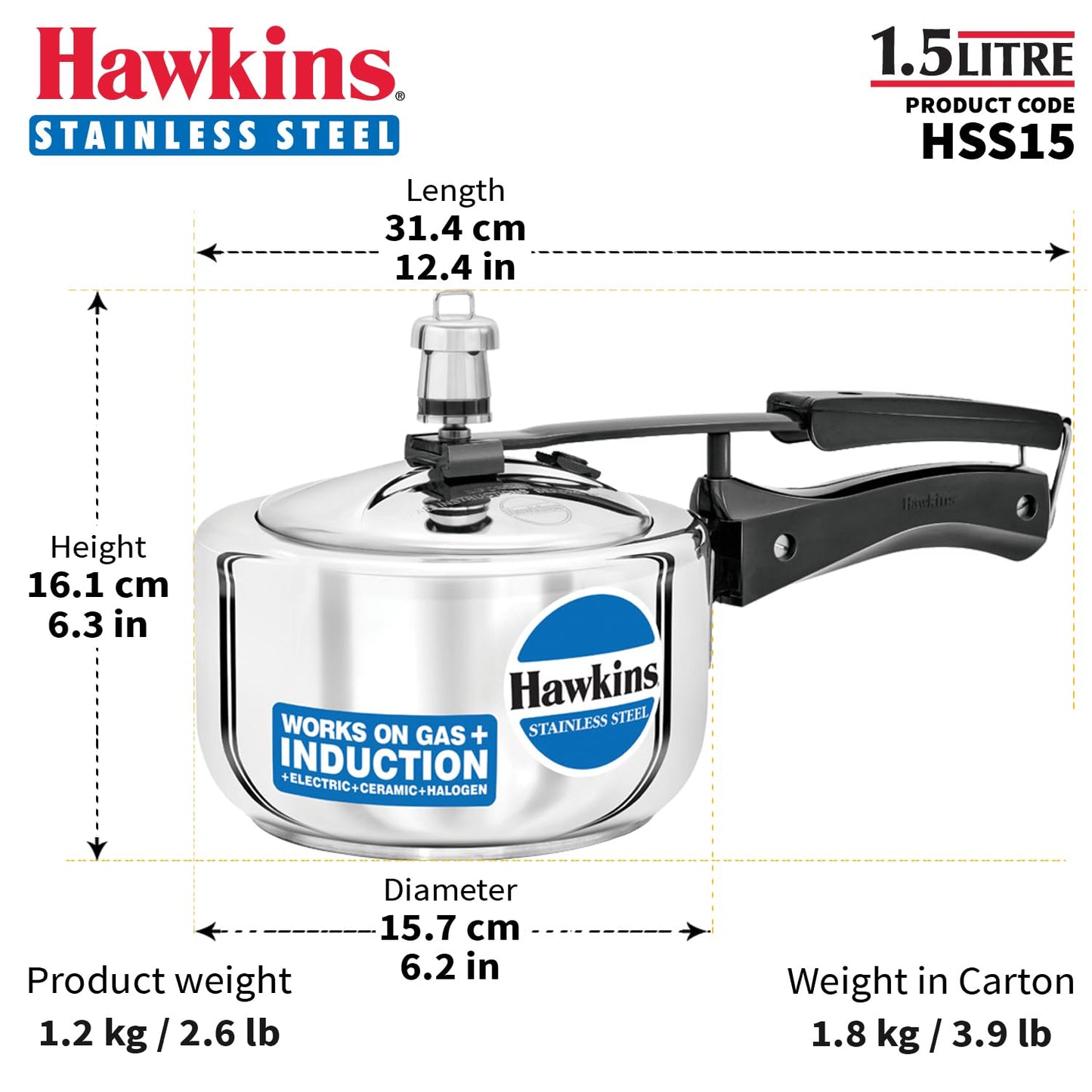 Hawkins HSS15 olla de presión de acero inoxidable, 1,5 litros, color plateado