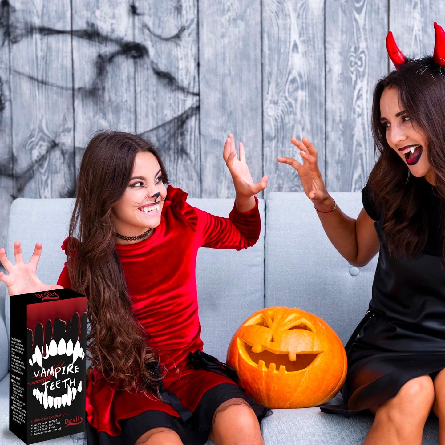 Dientes de Vampiro Svevno Blanco y Rojo con Adhesivo para Halloween