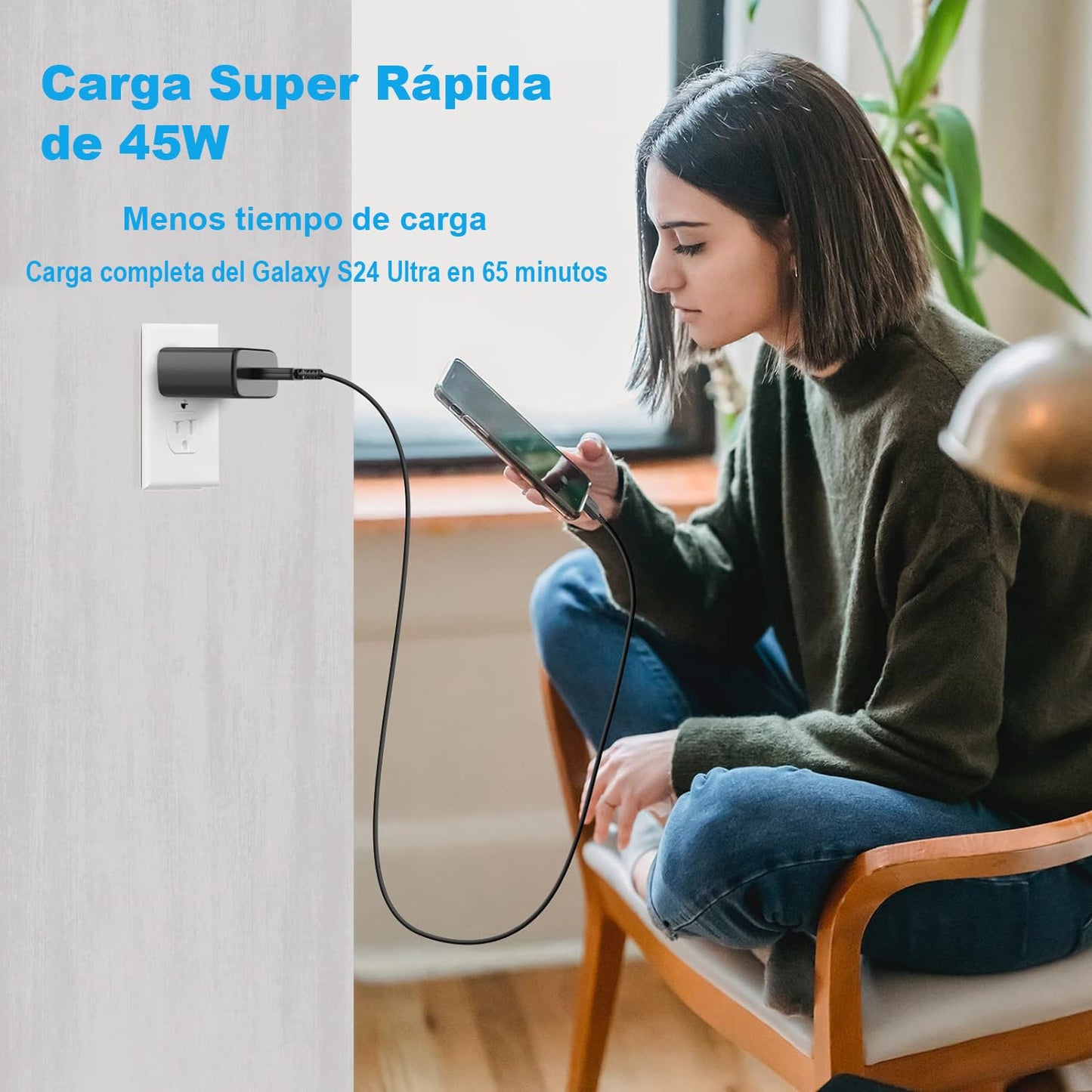 Cargador Tipo C para Samsung, 45W Rápido Cargador Tipo C con Cable de 2M, para Samsung S25 Ultra/S24 Ultra/S23 Ultra/S22 Ultra/S21/S20/S10/Note 20/Note 10/A55/A54/Galaxy Tab S7/S8/S9/S10 Ultra (2M)