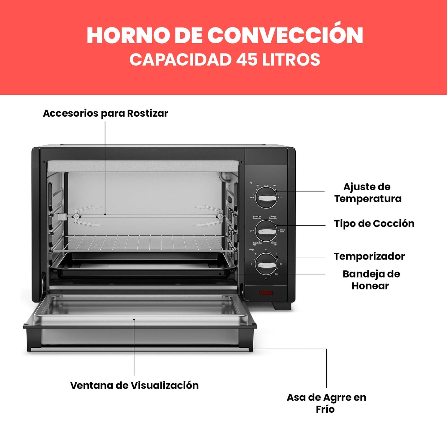 Chefman Horno De Convección Y Tostador De 45 L Negro RJ25-M45BLACK