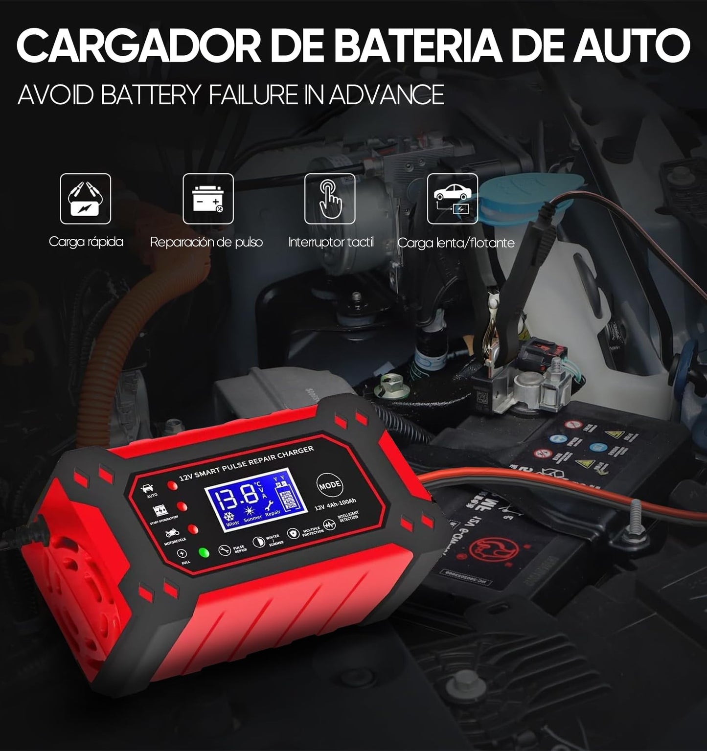 Cargador de Bateria de Auto 12V 6A,Portatil Cargador de Baterías Automático Coche Moto SUV,LCD Pantalla,Múltiples Protecciones,Ajuste Inteligente de Corriente para Cargar y Proteger Batería,ATVs,RVs