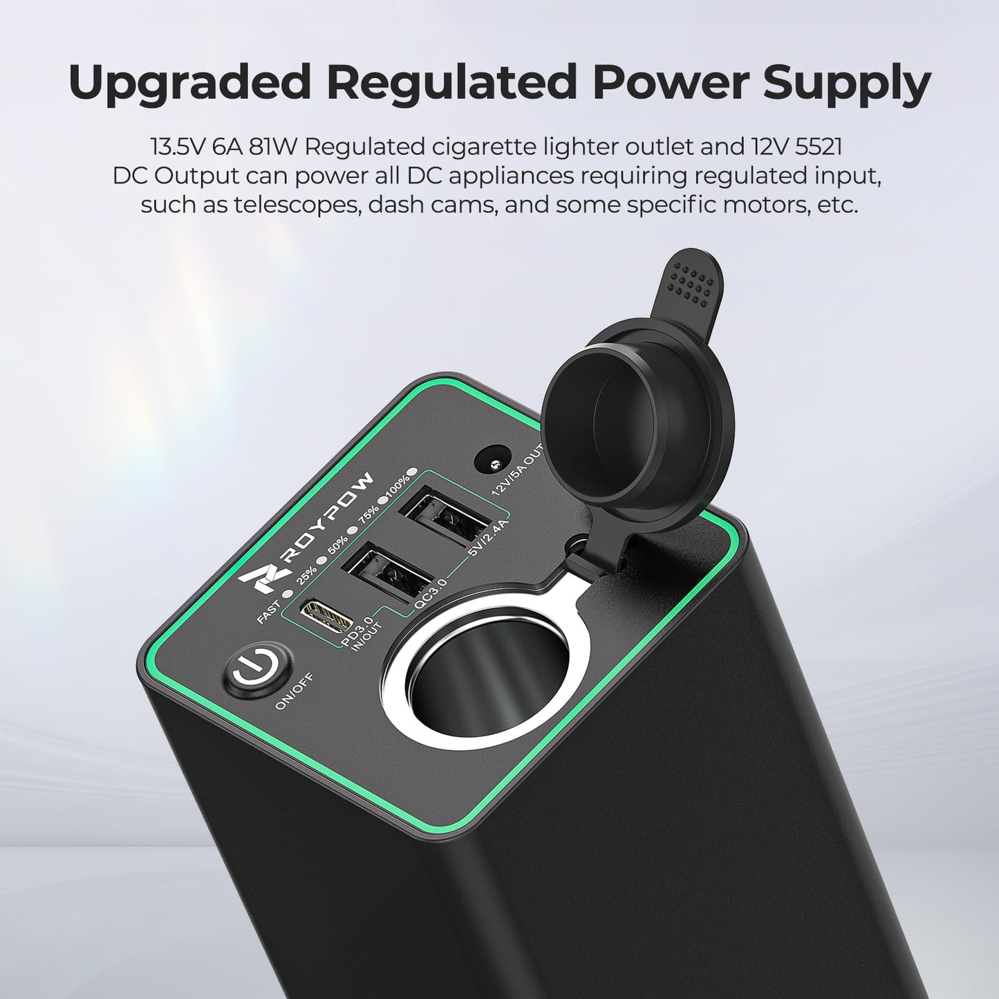 Banco de Energía RoyPow 30 W Negro con Enchufe de Encendedor de Cigarrillos y USB C para Portátil