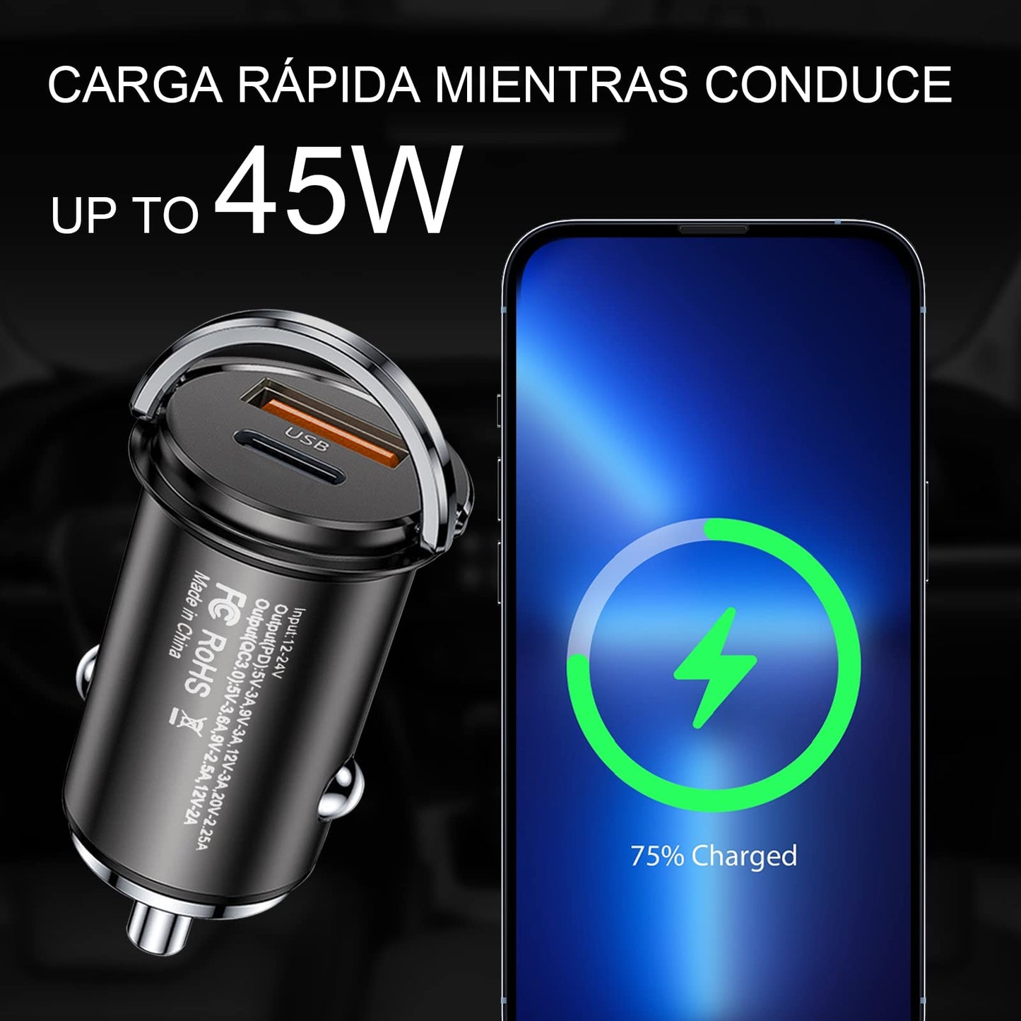 3en1 63W Fast Charger Cargador para Auto, Cargador de Coche,Carga Rápida Tipo C PD 45 W, Quick Charge QC 18W para Samsung S22 Ultra, S21 FE/S21+, para iPad Pro/Mini Redmi Xiaomi iPhone 14 Pro MAX