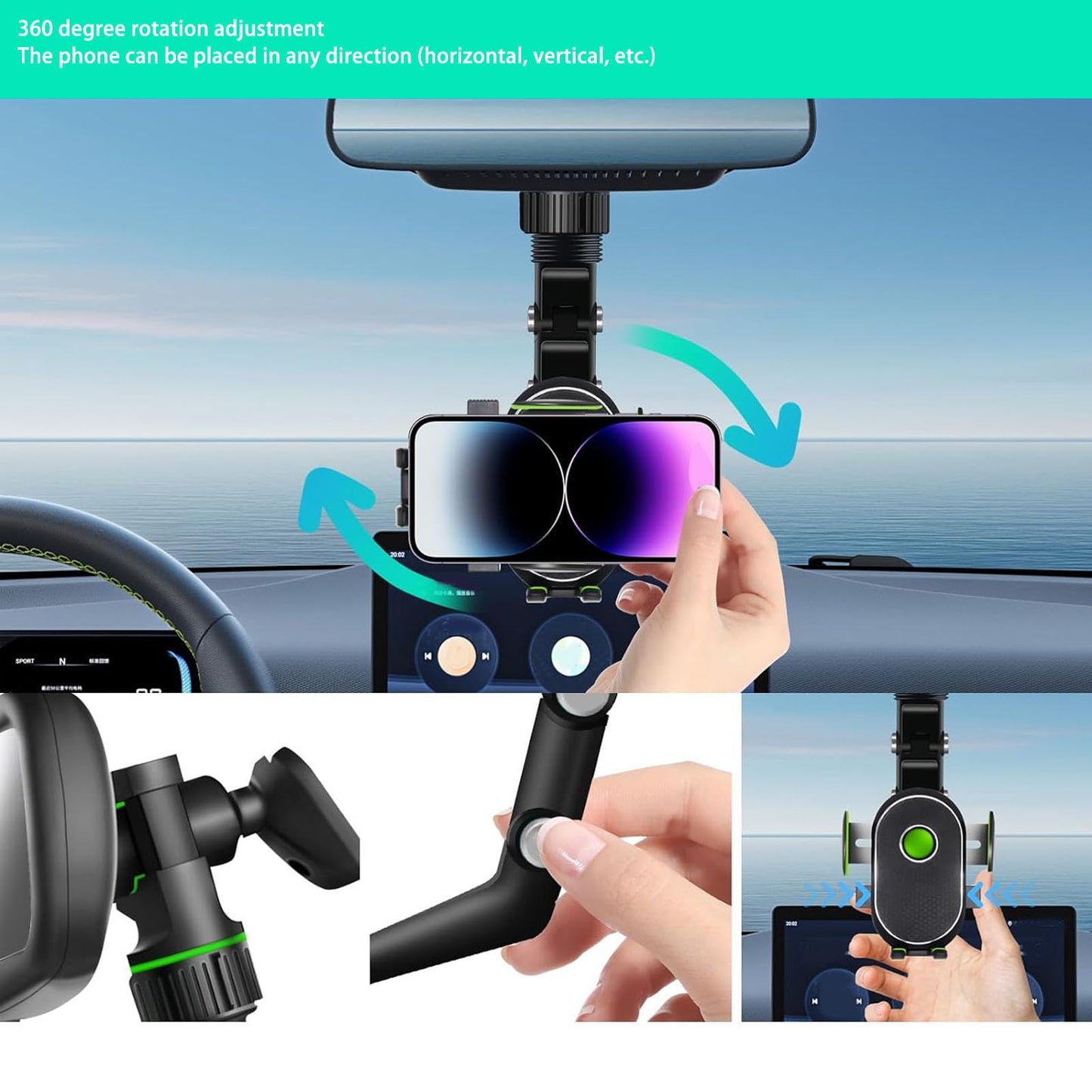 Gugxiom Soporte para Teléfono con Espejo Retrovisor, Soporte para Celular Automóvil con Rotación de 360 ° y Retráctil, Soporte para Teléfono con Espejo para Auto, Automovil