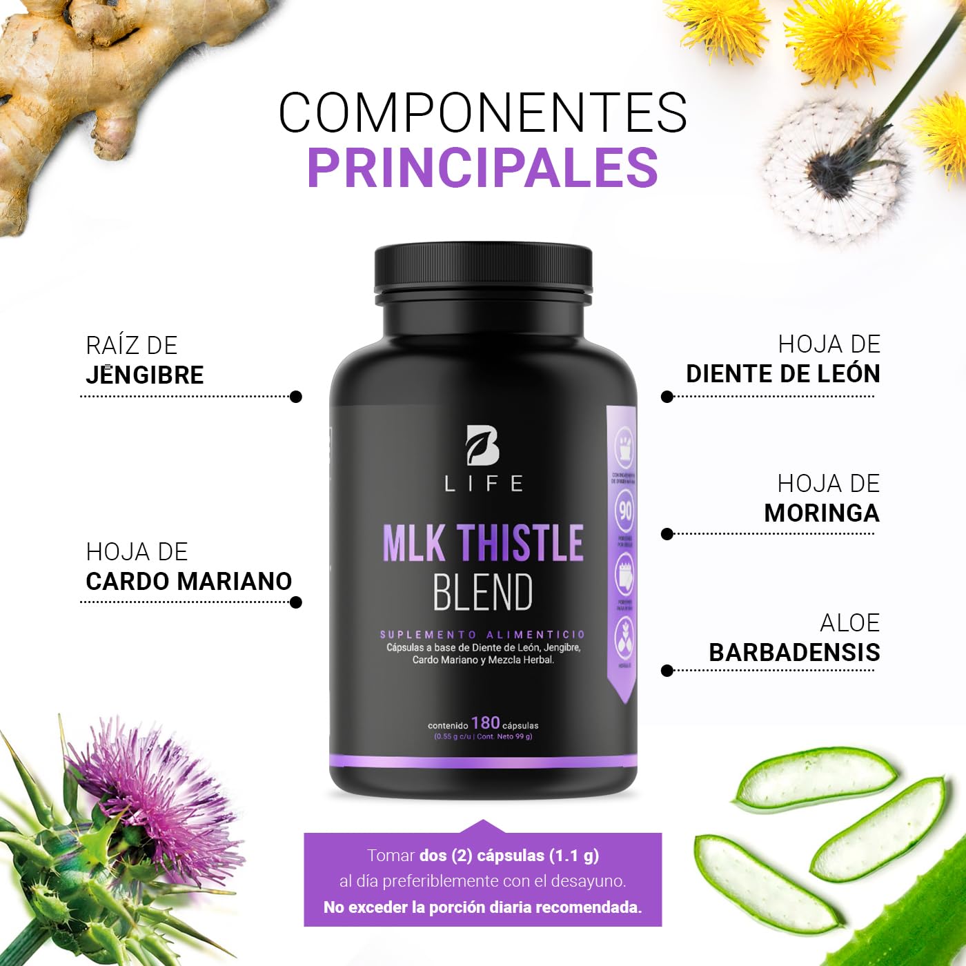 Cardo Mariano 180 cápsulas 1100 mg por porción. Hoja de Diente de León, Raíz de Jengibre y Mezcla Herbal. Ingredientes naturales. Mlk Thistle Blend B Life.