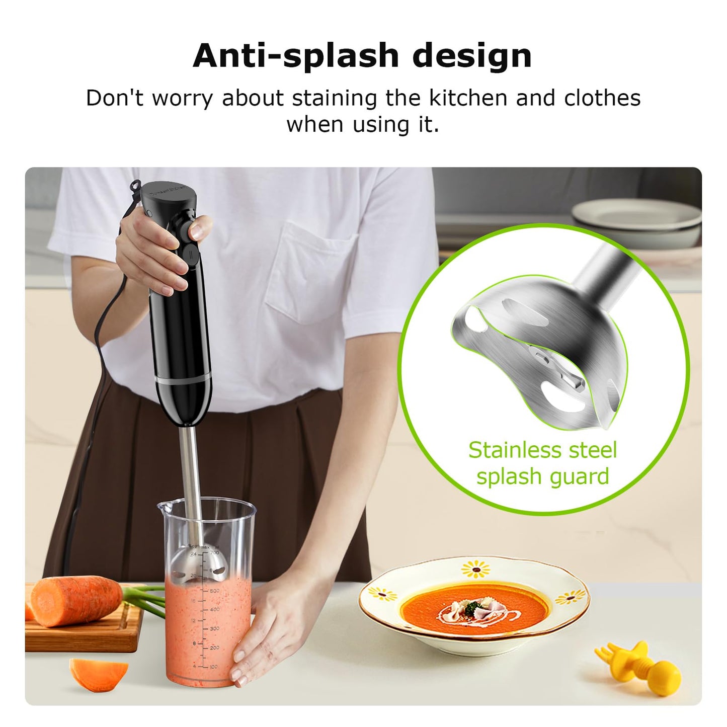 Bonsenkitchen Batidora de mano con 2 velocidades de mezcla, batidora de mano eléctrica portátil con cuchillas de acero inoxidable para sopa, licuado, puré, comida para bebés