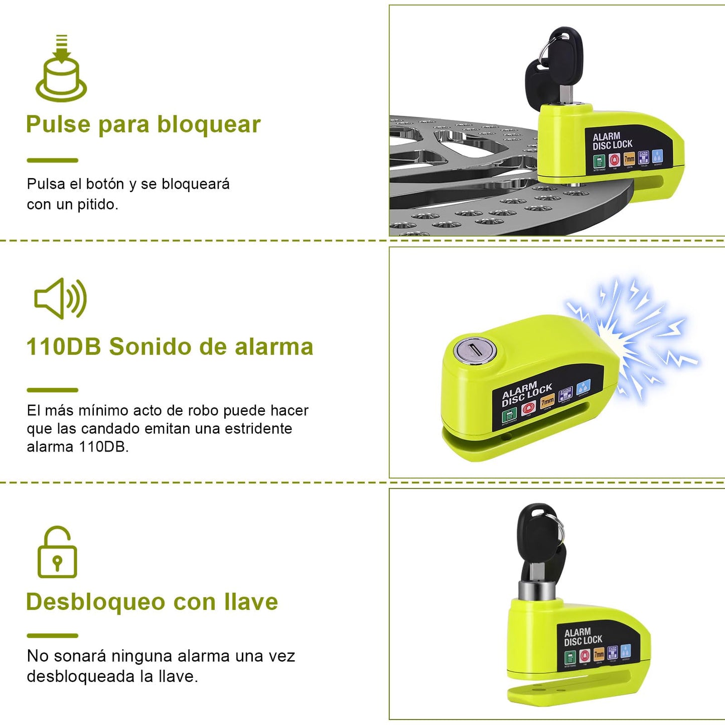 Kayoosi Candado de Alarma para Moto, Alarma de Freno de Disco de 110 Db con Sensor de Movimiento y Cable de Alarma de 4,3 Pies, Impermeable y Antirrobo, Compatible con Vehículos con Llantas de Disco