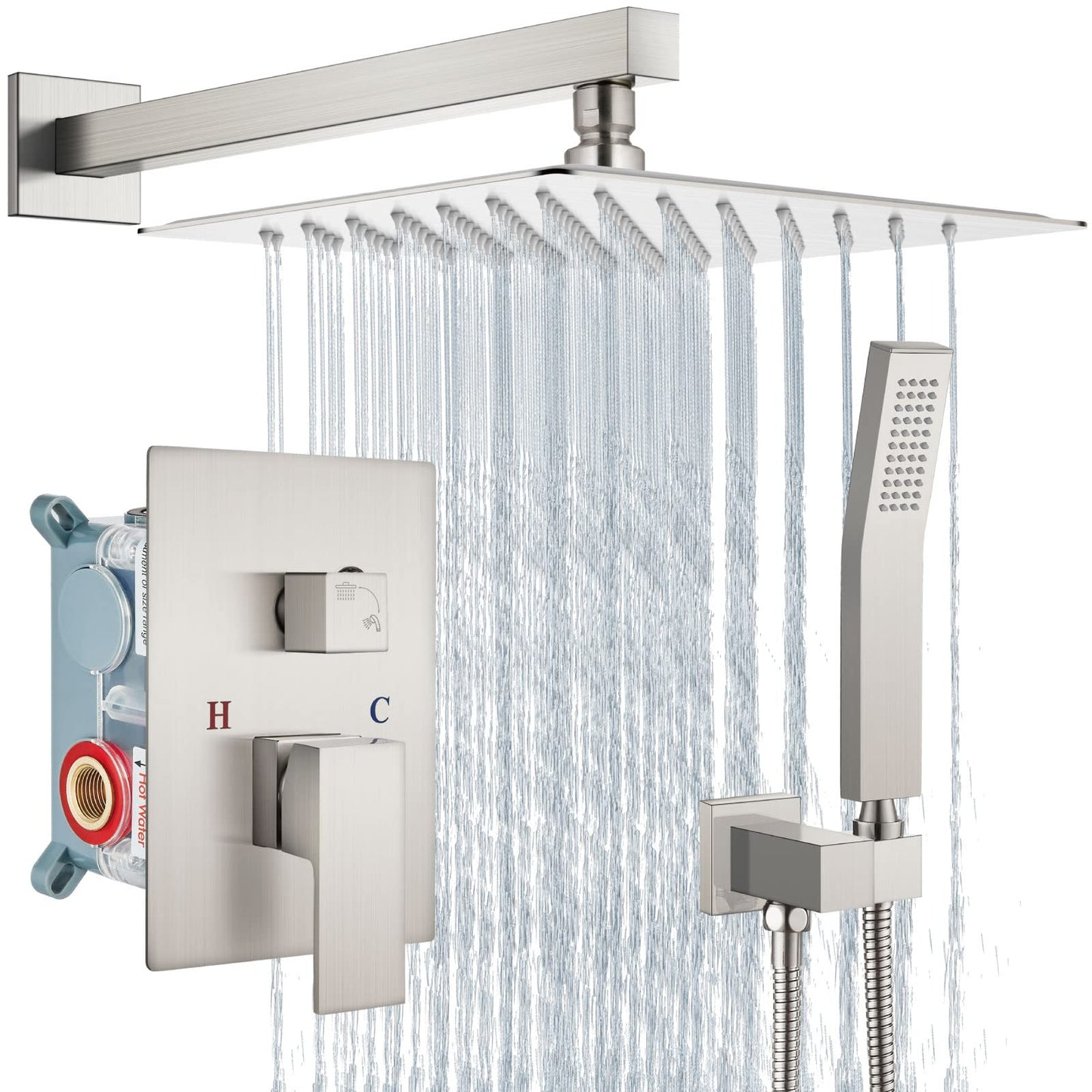 Aolemi Sistema de ducha de lluvia de 10 pulgadas con cabezal de ducha cepillado Nikcel Combo Set con válvula de ducha de mano Rough-In incluida, montaje en pared, grifo mezclador de ducha