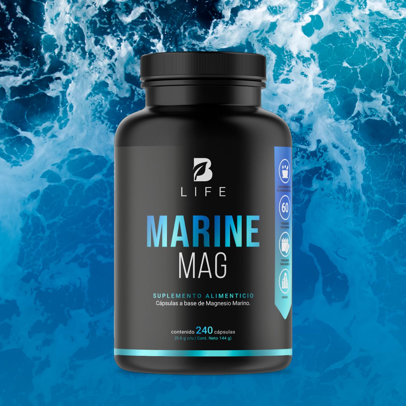 Magnesio Marino de 240 Cápsulas. Ingredientes naturales. Alta biodisponibilidad y absorción. Marine Mag B Life.