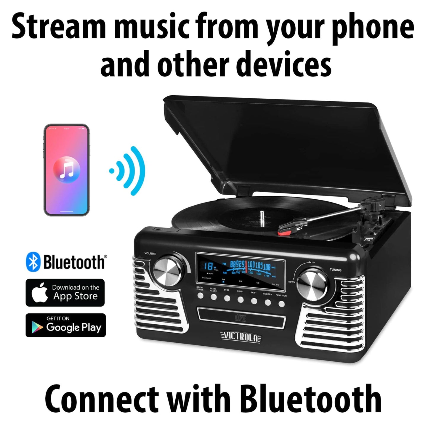 Tocadiscos Retro Bluetooth Victrola Negro con Centro Multimedia y Altavoces Integrados