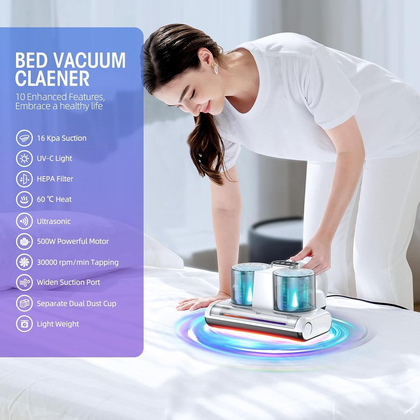 Aspiradora JPHYLL UV-C para Cama con Filtro HEPA, 16 Kpa, Luz UV-C, Negro