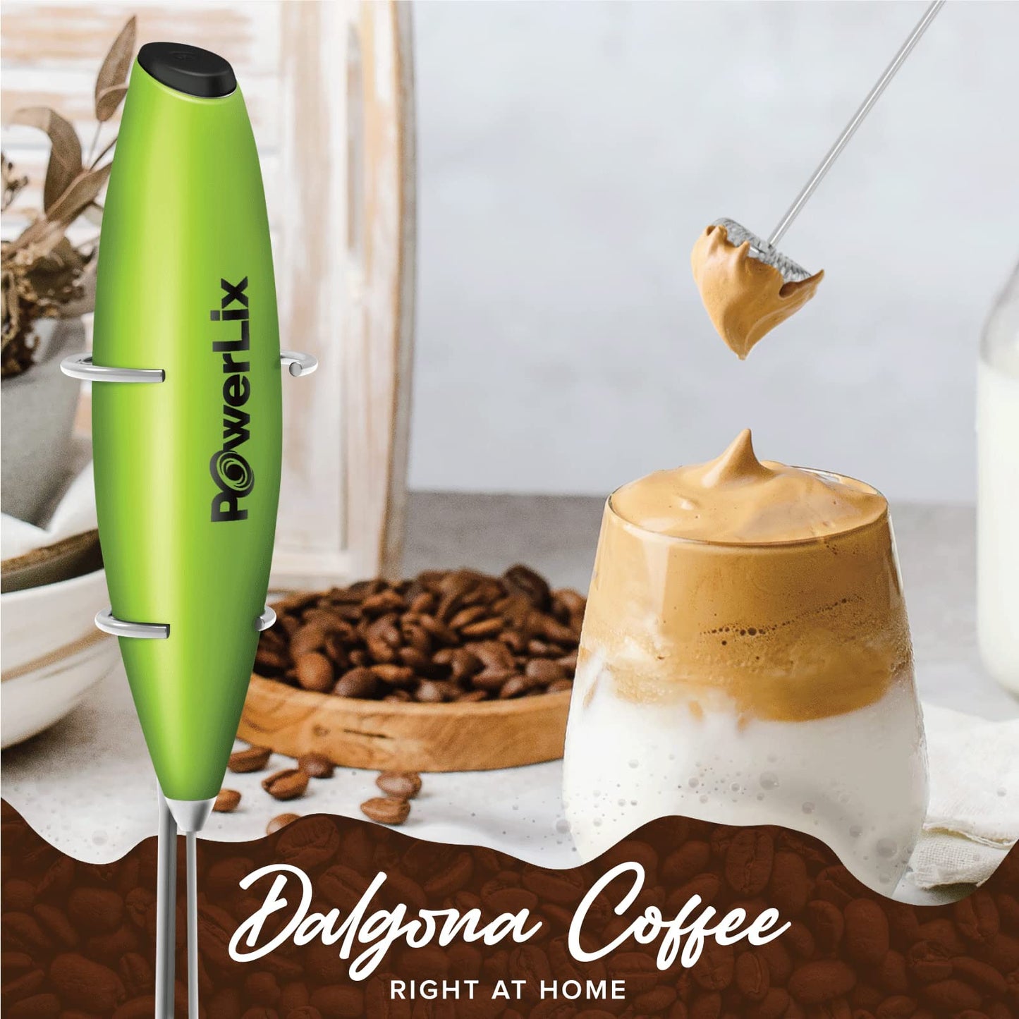Espumador de Leche PowerLix Negro con Batidor y Soporte Duradero para Café y Chocolate