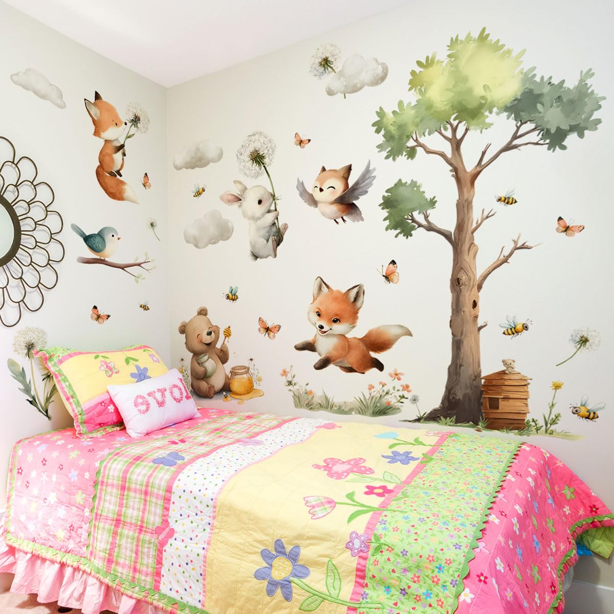 Calcomanías de pared de animales, lindas calcomanías para guardería, animales osos, flores, mariposas, pájaros, nubes, árboles, pelar y pegar, calcomanías de pared, guardería, recámara, sala de estar