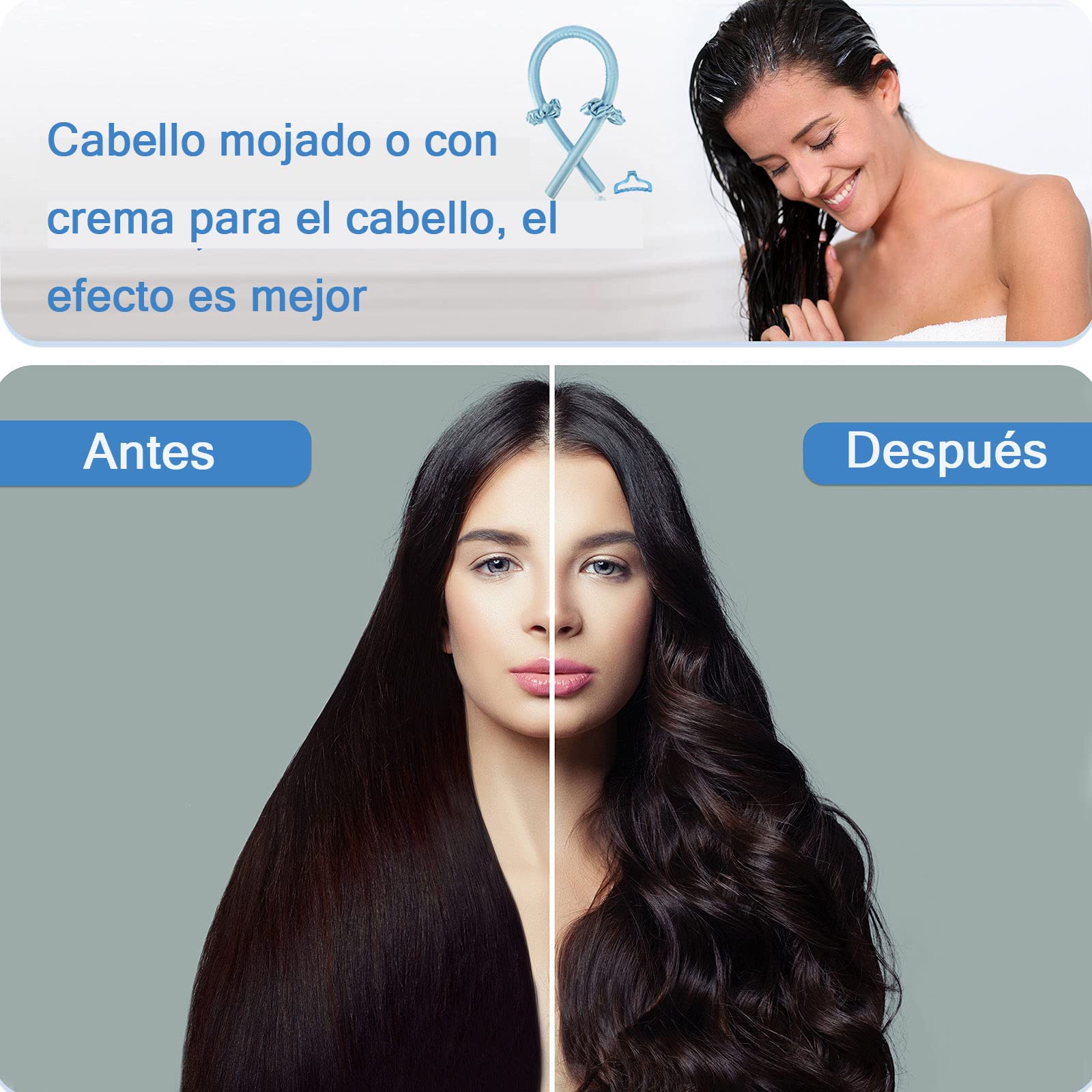 Rizos Sin Calor Cabello Largo, Rizador de Cabello Sin Calor con Pinzas para el Cabello y Coletero, Kit de Herramientas para Peinar el Cabello de Seda Suave, Sin Daños, Sin Calor (Azul)