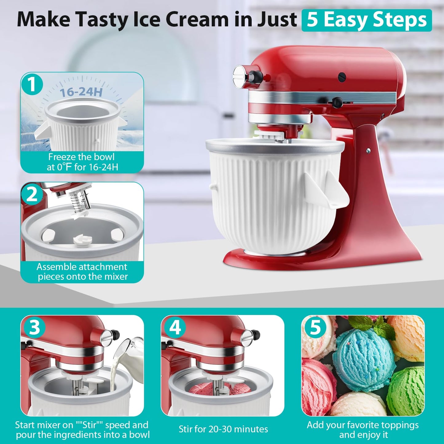 Accesorio para máquina de helados para batidora de soporte KitchenAid, tazón de helado compatible con batidoras de soporte de 4.5 cuartos y más grandes, accesorio para hacer helados y sorbete, 2