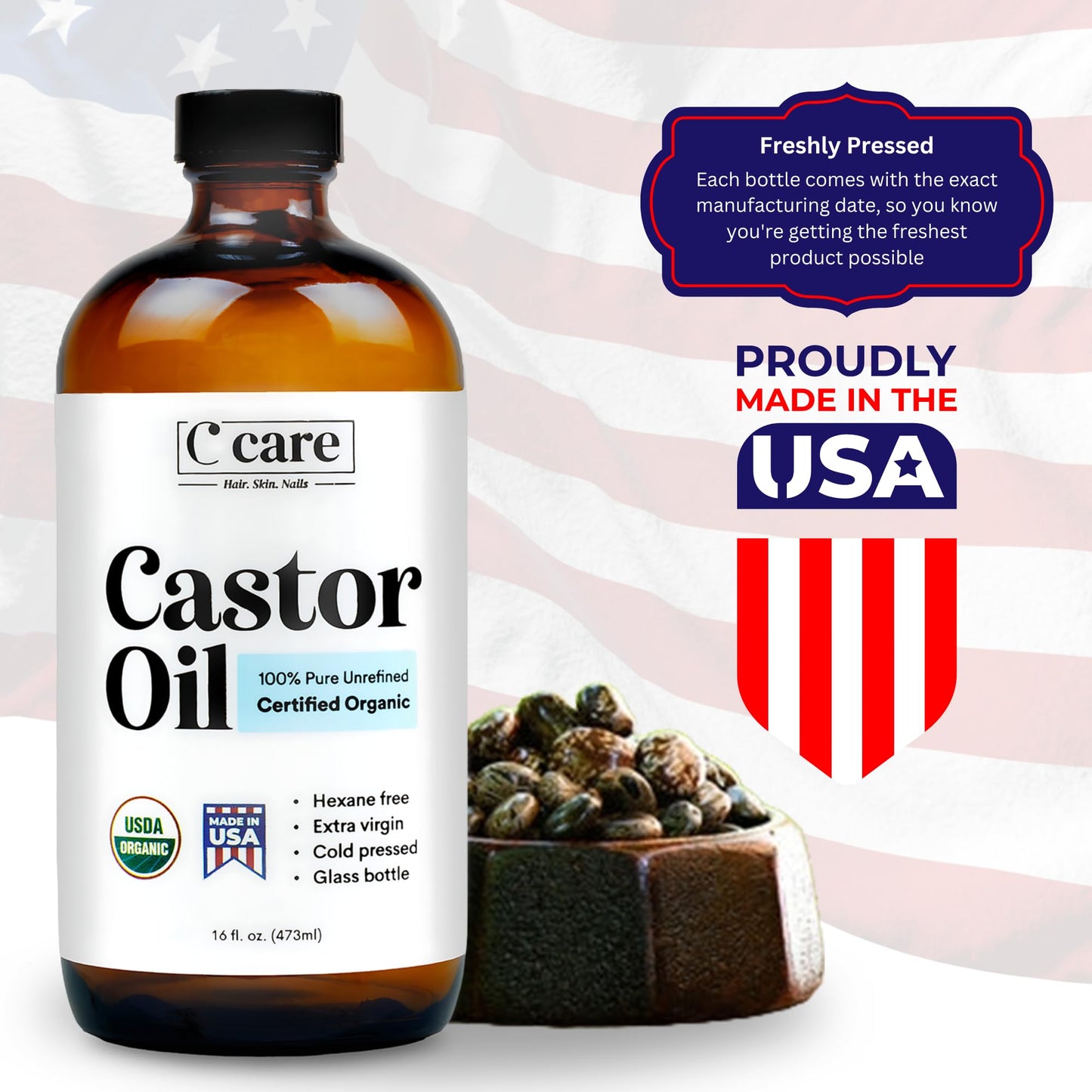 C CARE Aceite de Ricino Orgánico Prensado En Frío Sin Refinar Botella de Vidrio Sin Refinar Usda Certificado Puro Aceite de Ricino Orgánico Sin Hexano Virgen Extra para Crecimiento Del Cabello Cejas P