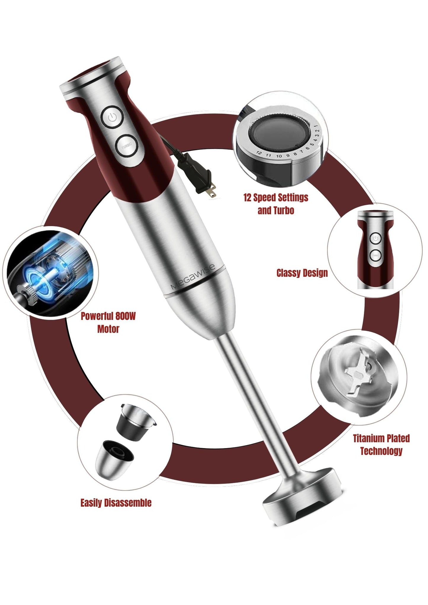 Batidora de Mano MegaWise Roja de Alto Rendimiento
