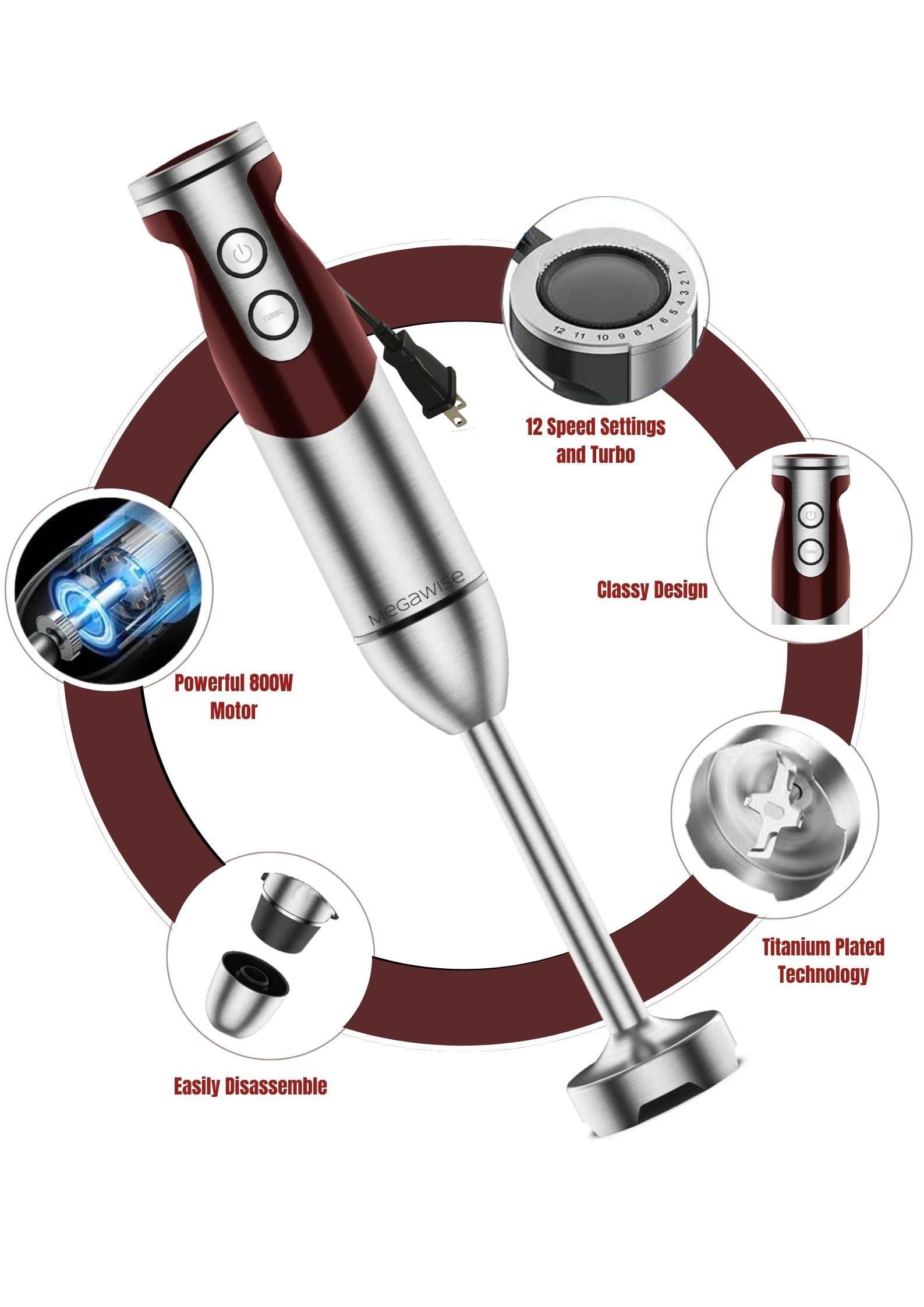 Batidora de Mano MegaWise Roja de Alto Rendimiento