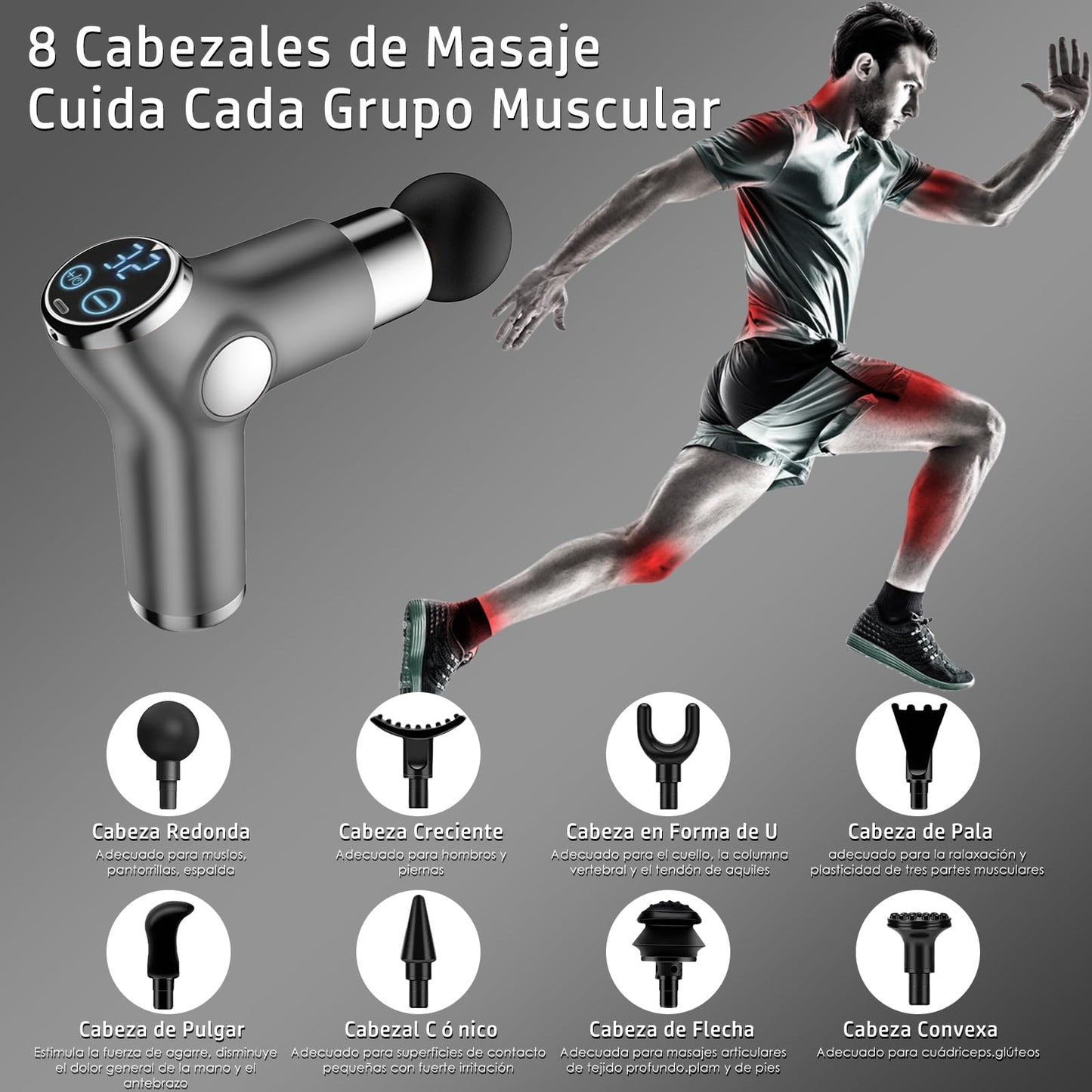Pistola de Masaje Muscular,Pistola Masajeadora de Tejido Profundo,Máquina de Masaje Espalda Portátil,Hand-Held Massage Gun con 32 Niveles Ajustables y 8 Cabezales,USB Recargable,Súper Silencioso,Plata