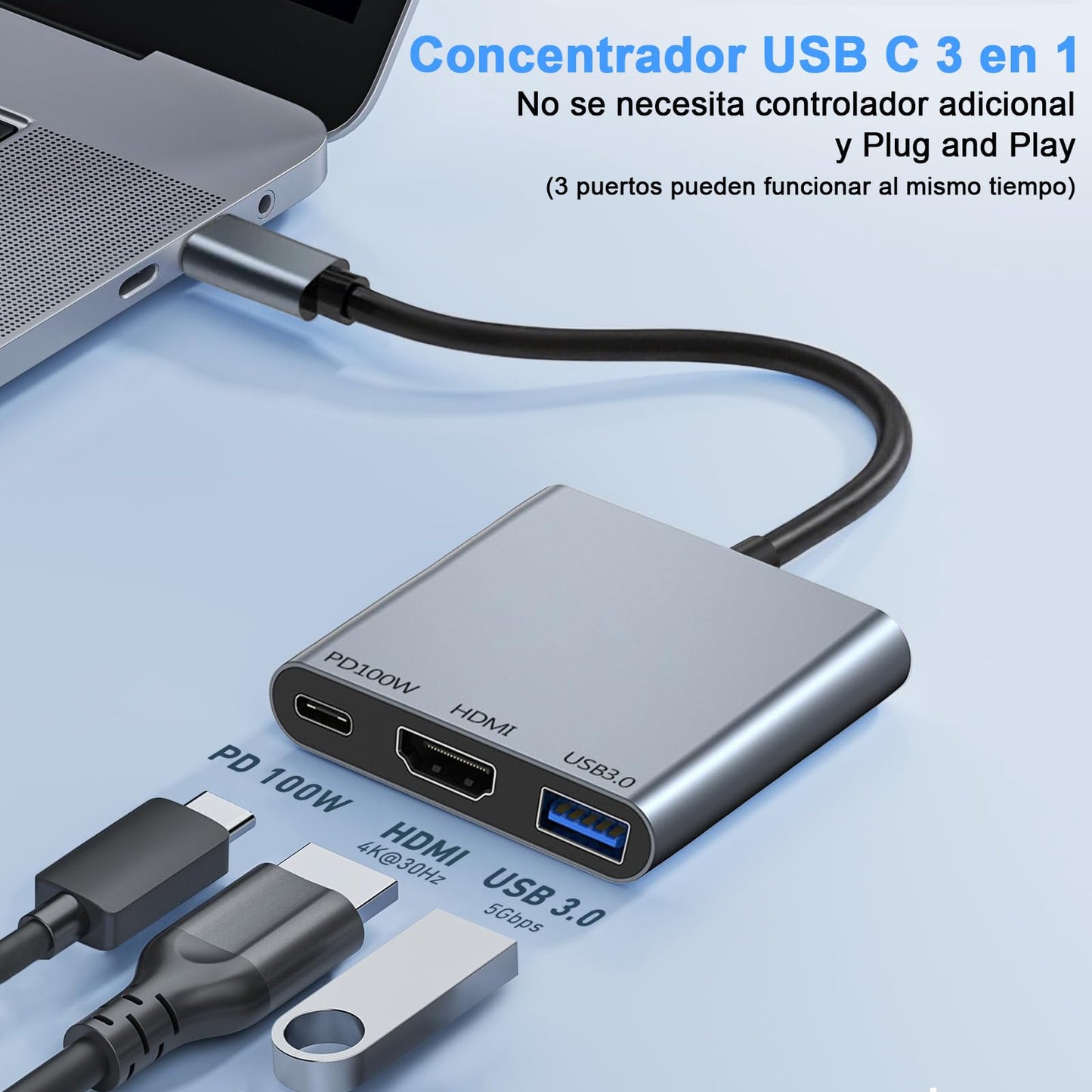 Adaptador USB C a HDMI Soralek 4K con Hub USB C 100W PD en Gris para MacBook, iPad y Tablets