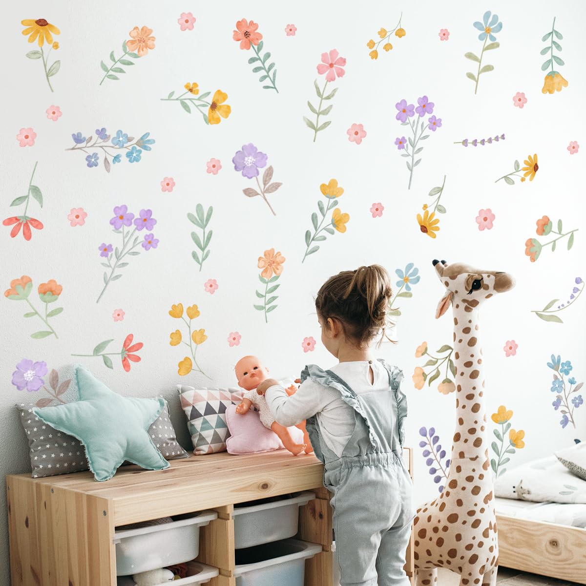 Calcomanías de pared de flores de acuarela bohemias – arte de flores silvestres extraíbles para recámara de niñas, cuarto de niños, decoración de murales de vinilo