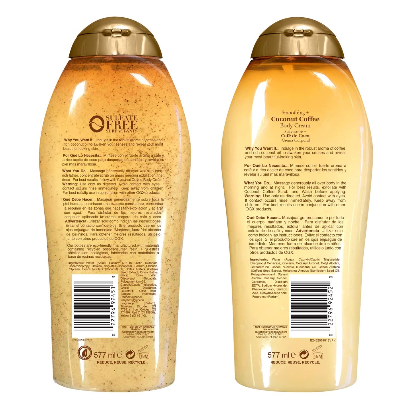 OGX, Crema Corporal, Smoothing + Coconut Coffee Body Cream, 577 ml + OGX, Jabón Exfoliante Corporal, Smoothing + Coconut Coffee Scrub & Wash, 577 ml