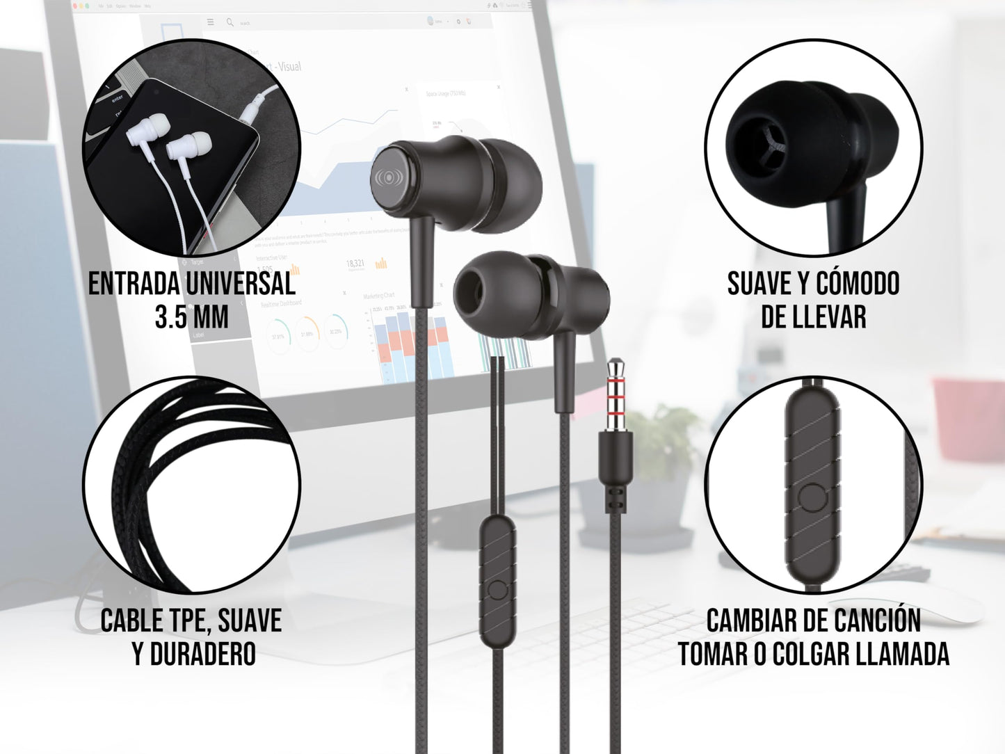 CONTROL EXPERT Audífonos Alámbricos Manos Libres 3.5mm Micrófono (Negro)