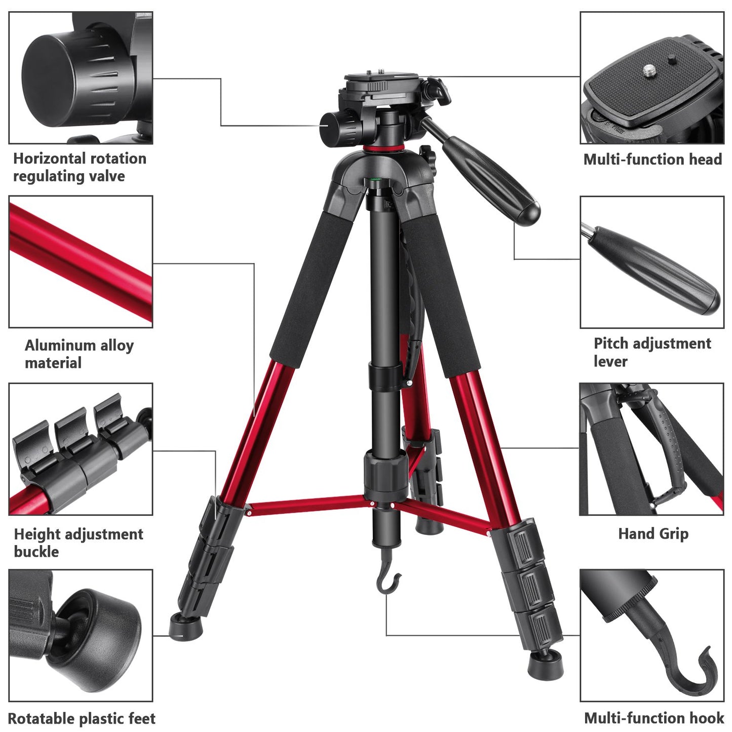 Trípode Monopié NEEWER Rojo de Aluminio con Cabezal Giratorio para Cámara DSLR y Videocámara
